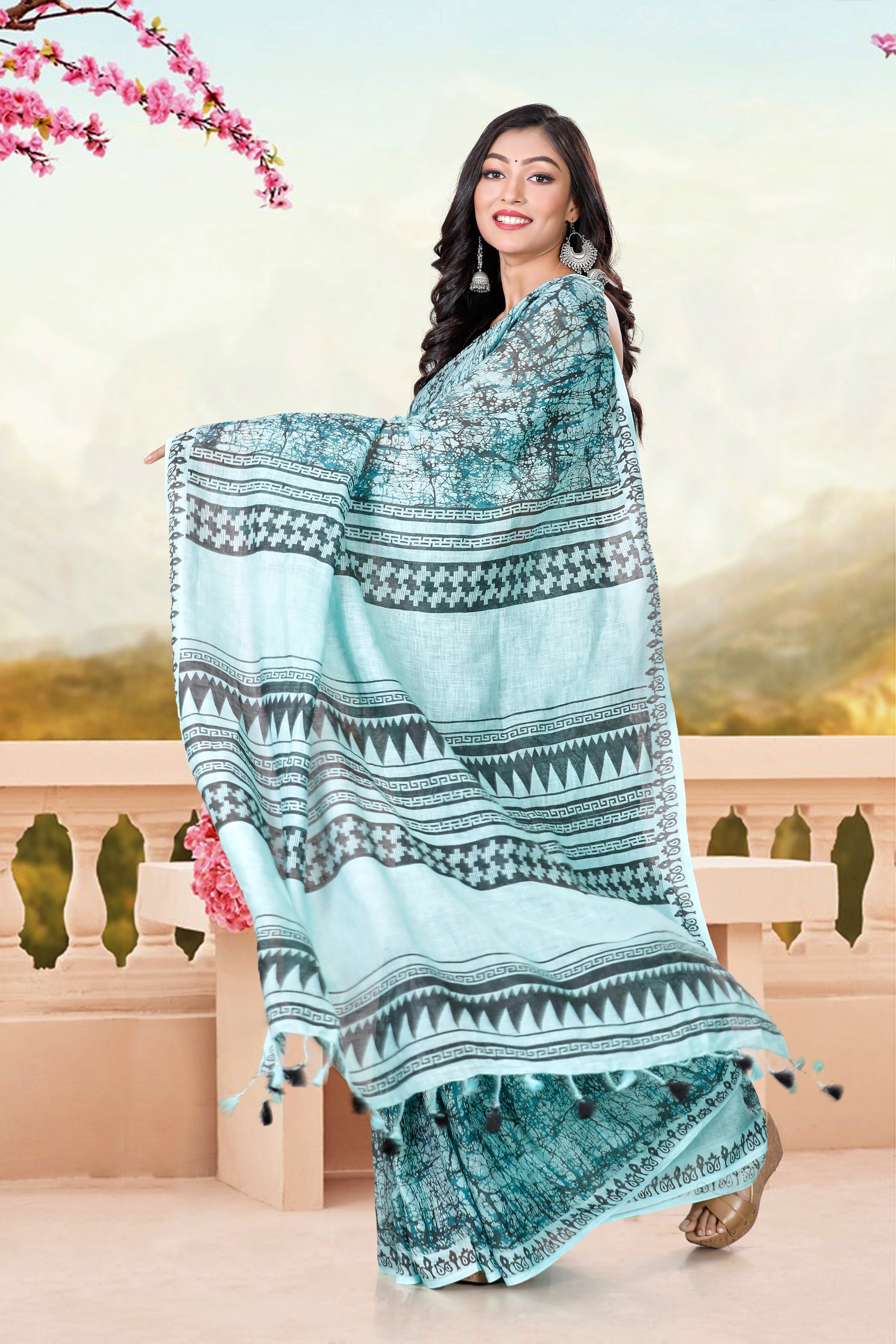 Block Printed Handwoven Linen Saree