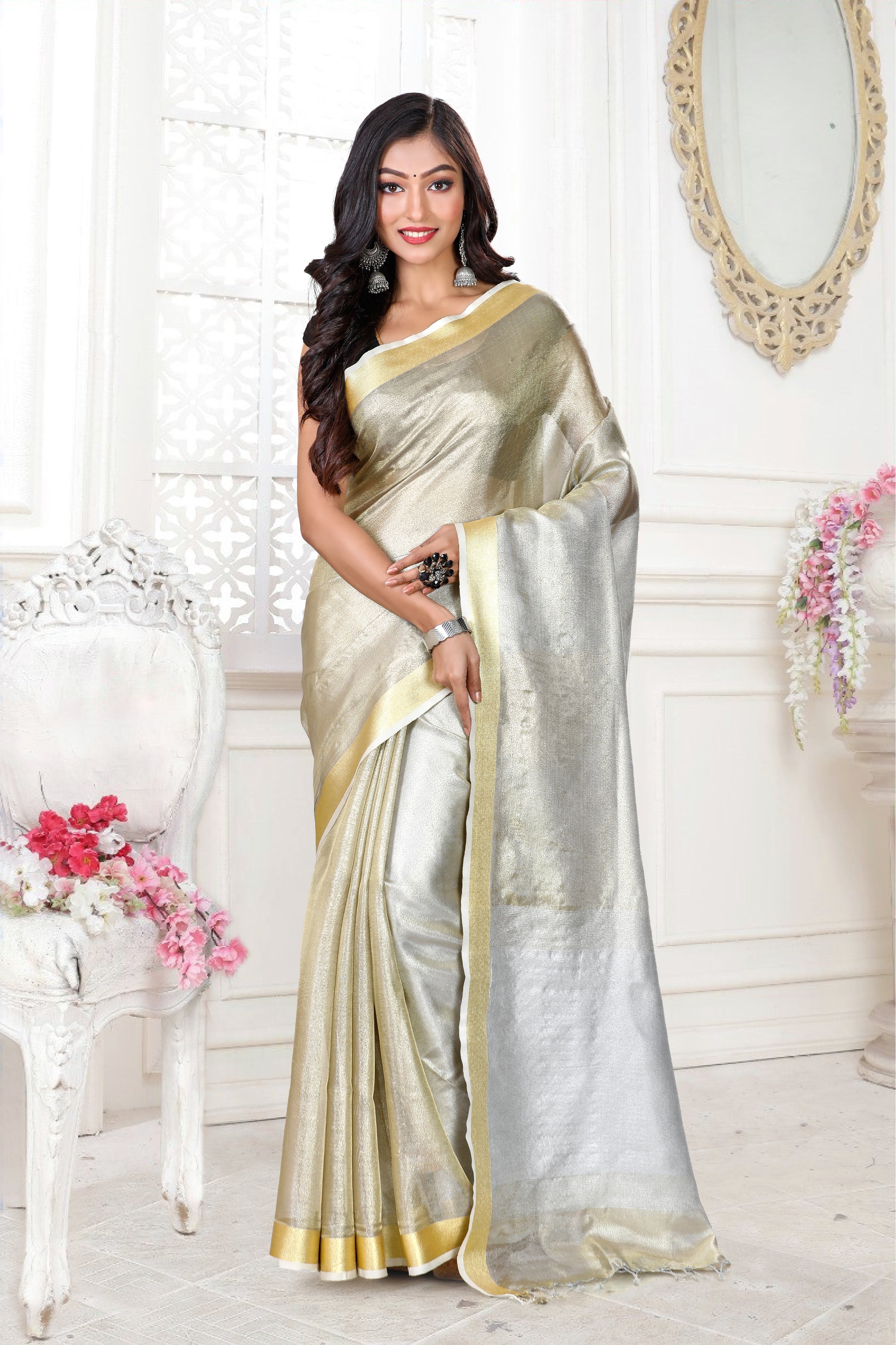 Zari tissue shimmery saree