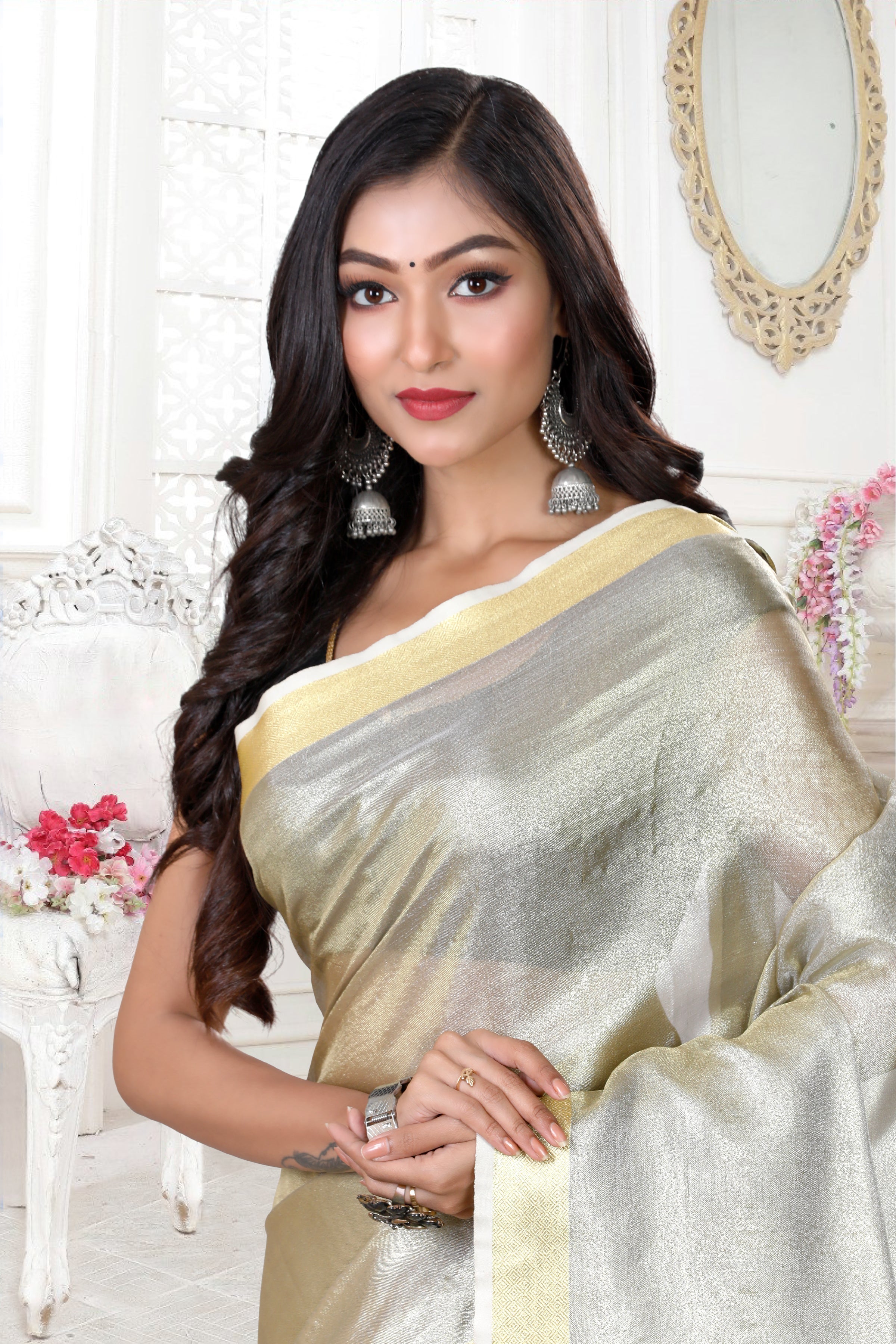 Zari tissue shimmery saree