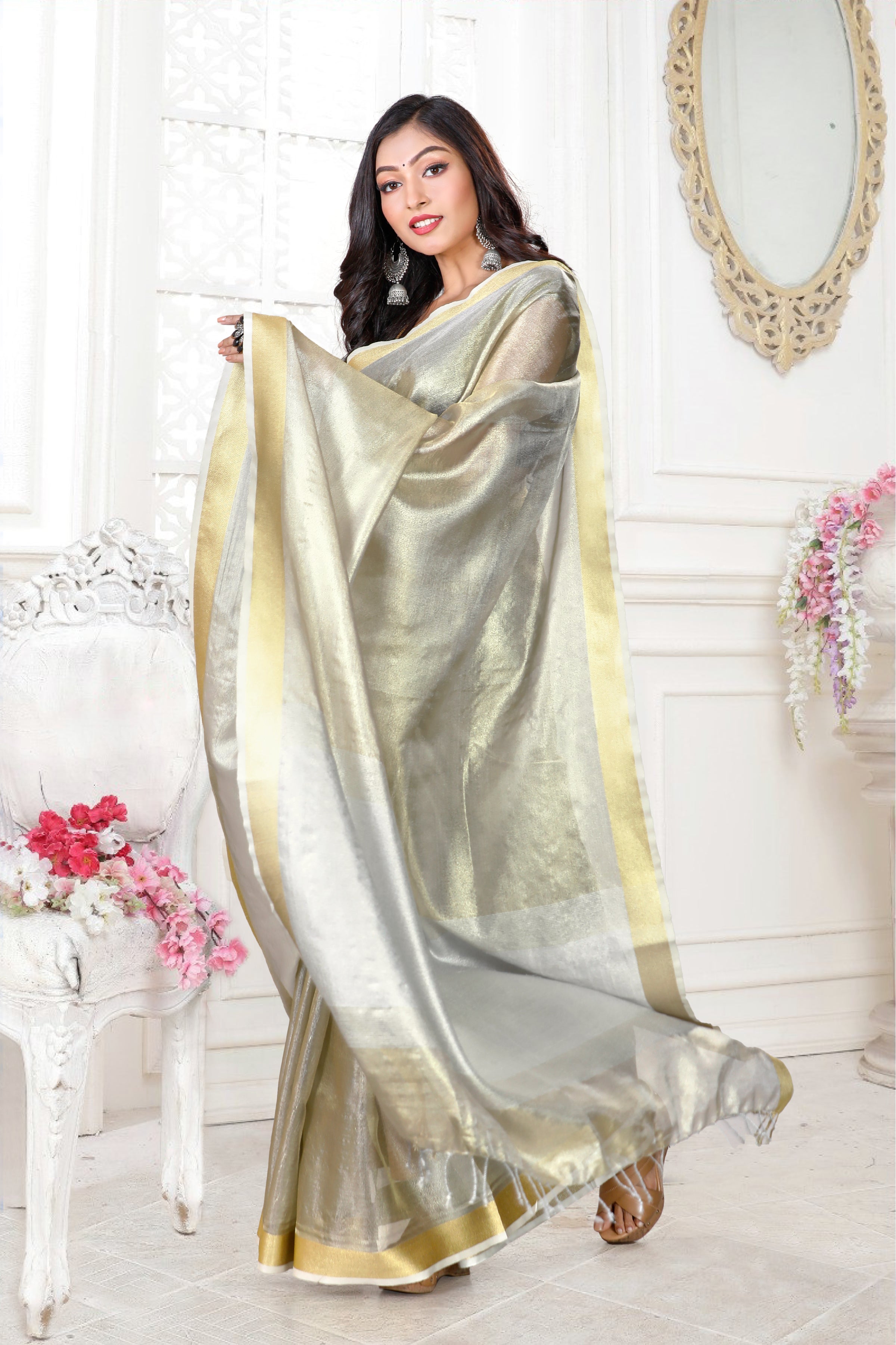 Zari tissue shimmery saree
