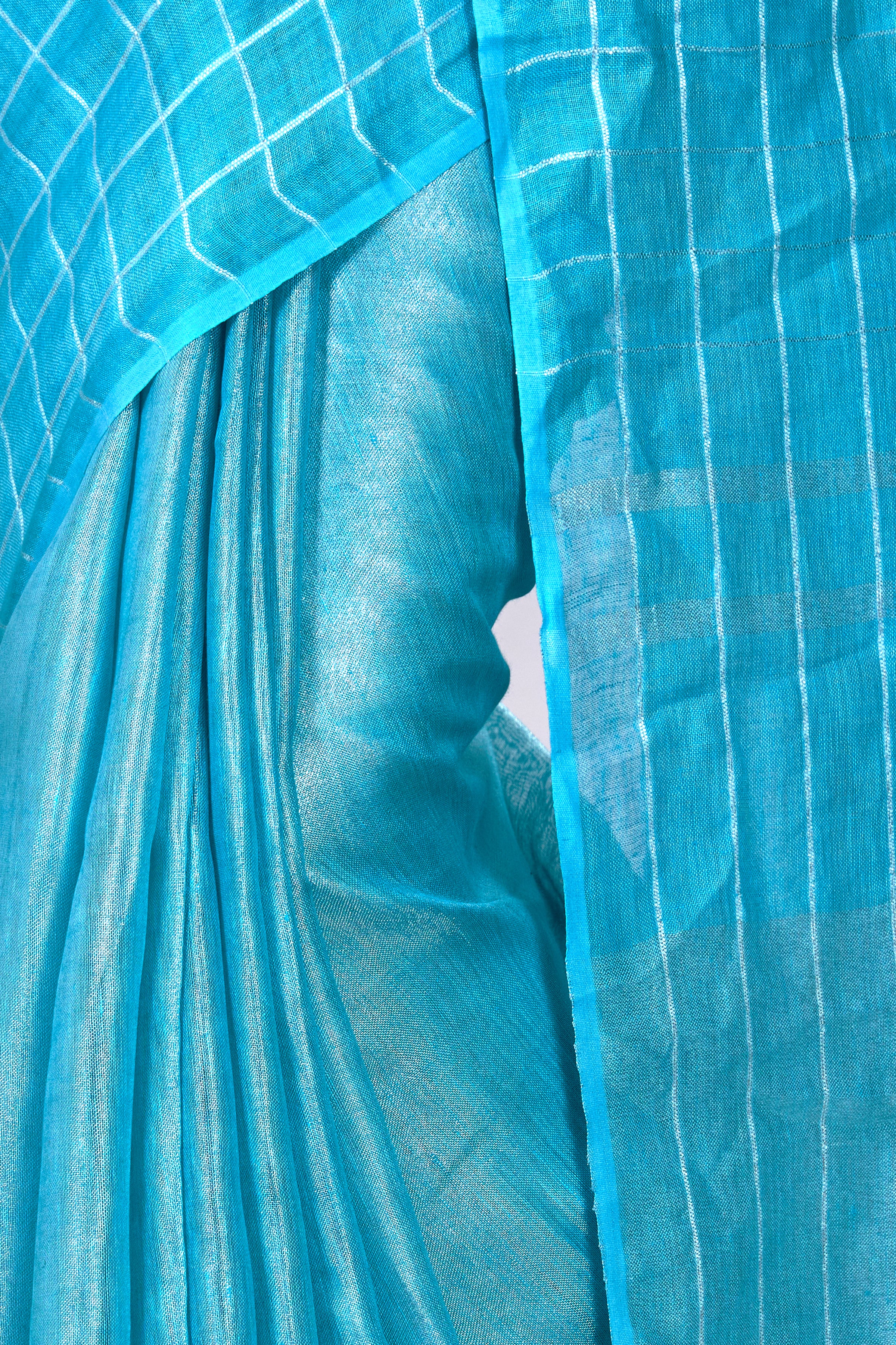 checkered handwoven zari linen saree