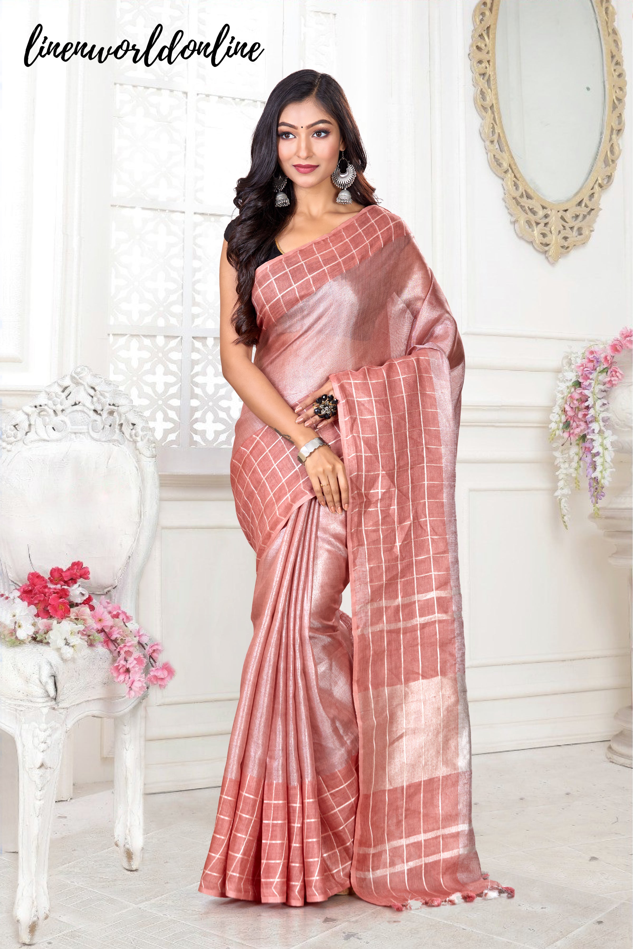 checkered handwoven pure linen saree