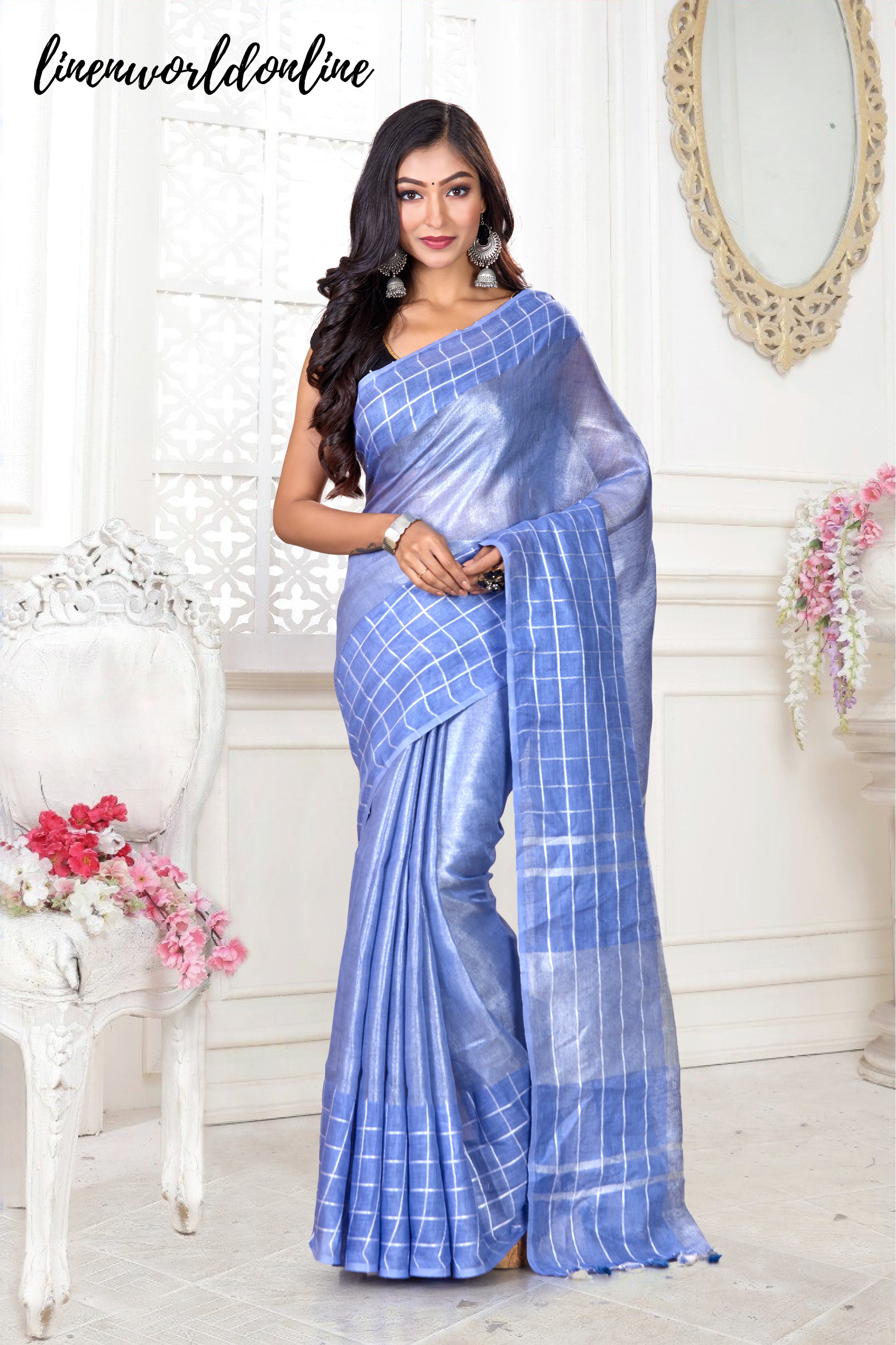 zari linen checkered handwoven saree
