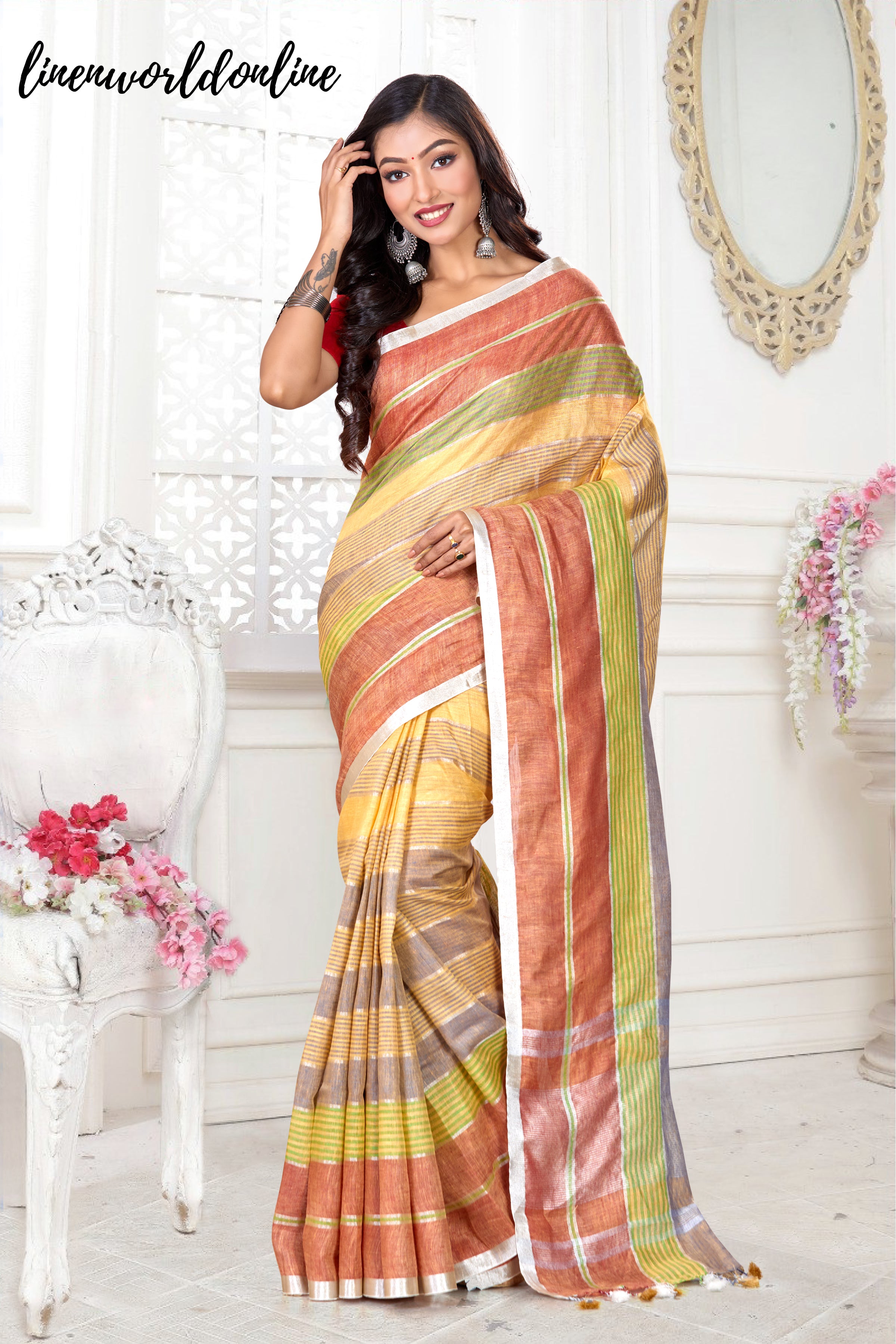 handwoven stripes pure linen saree