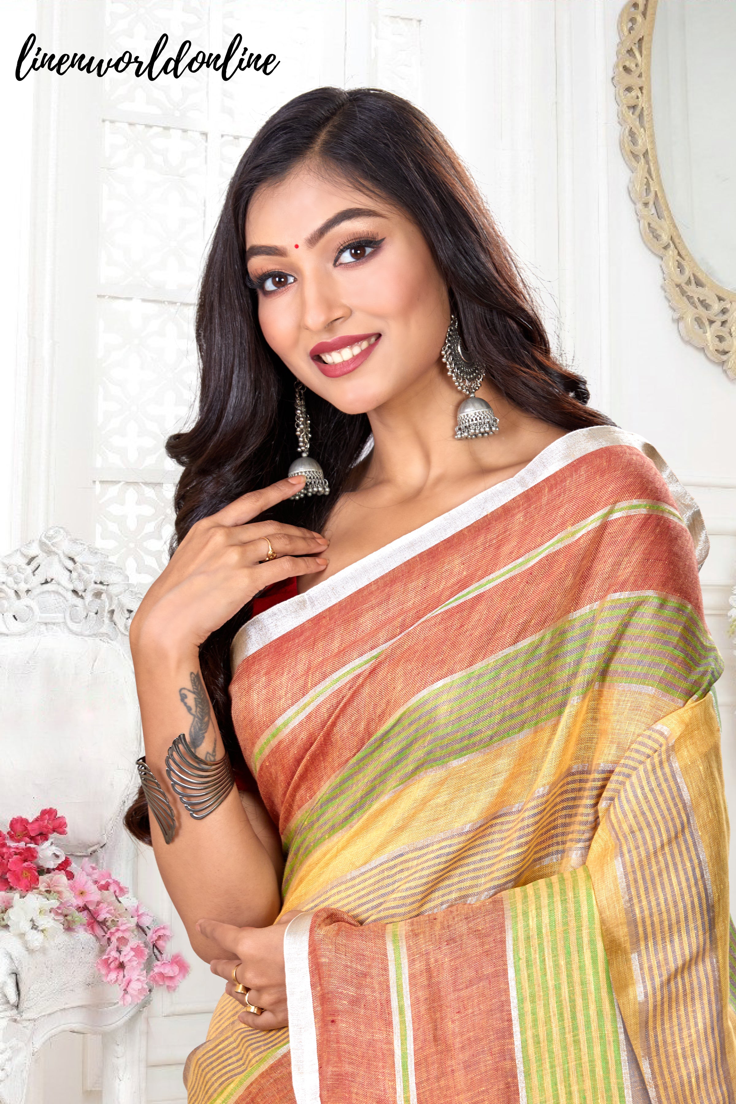 handwoven stripes pure linen saree