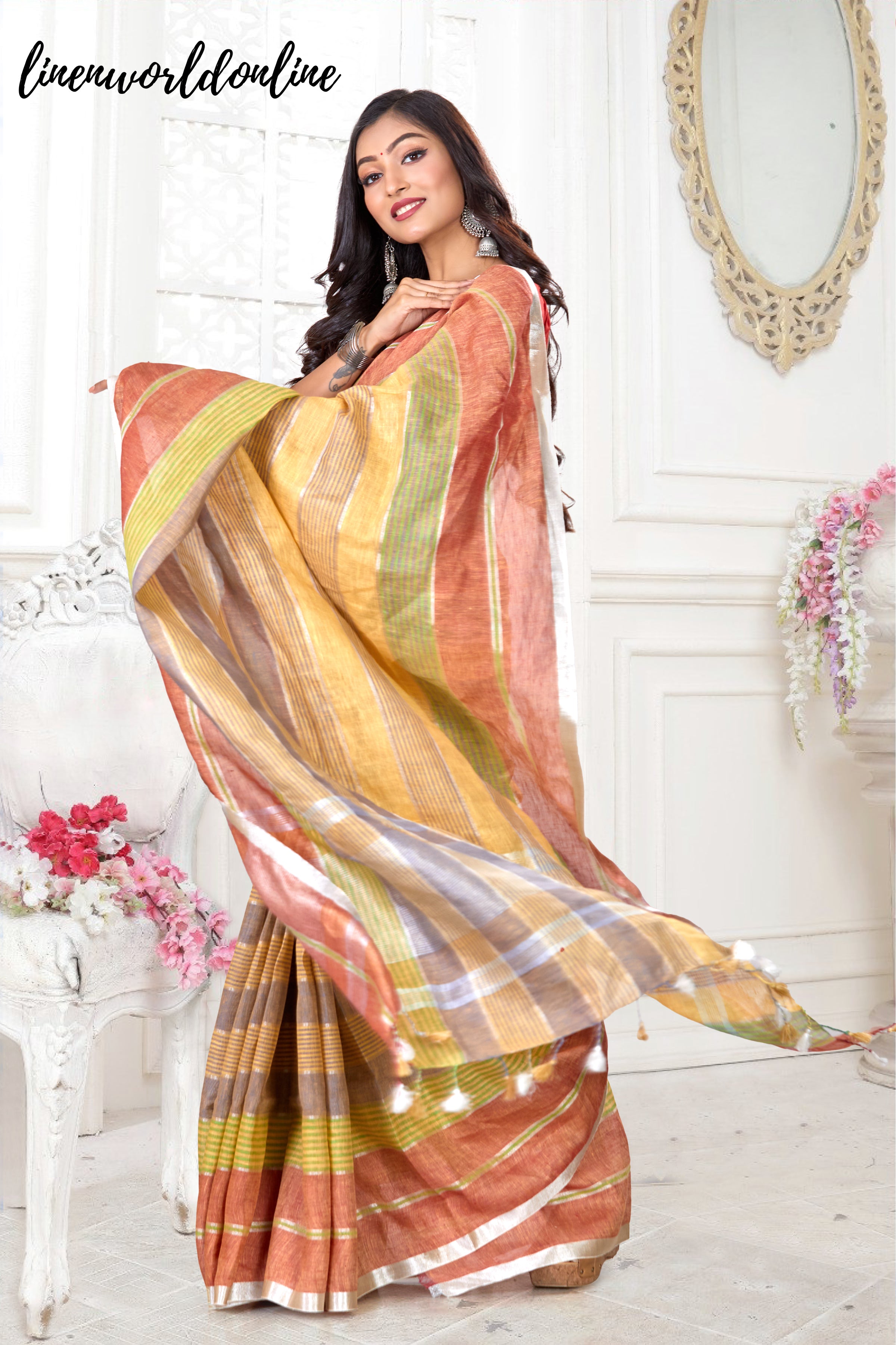 handwoven stripes pure linen saree