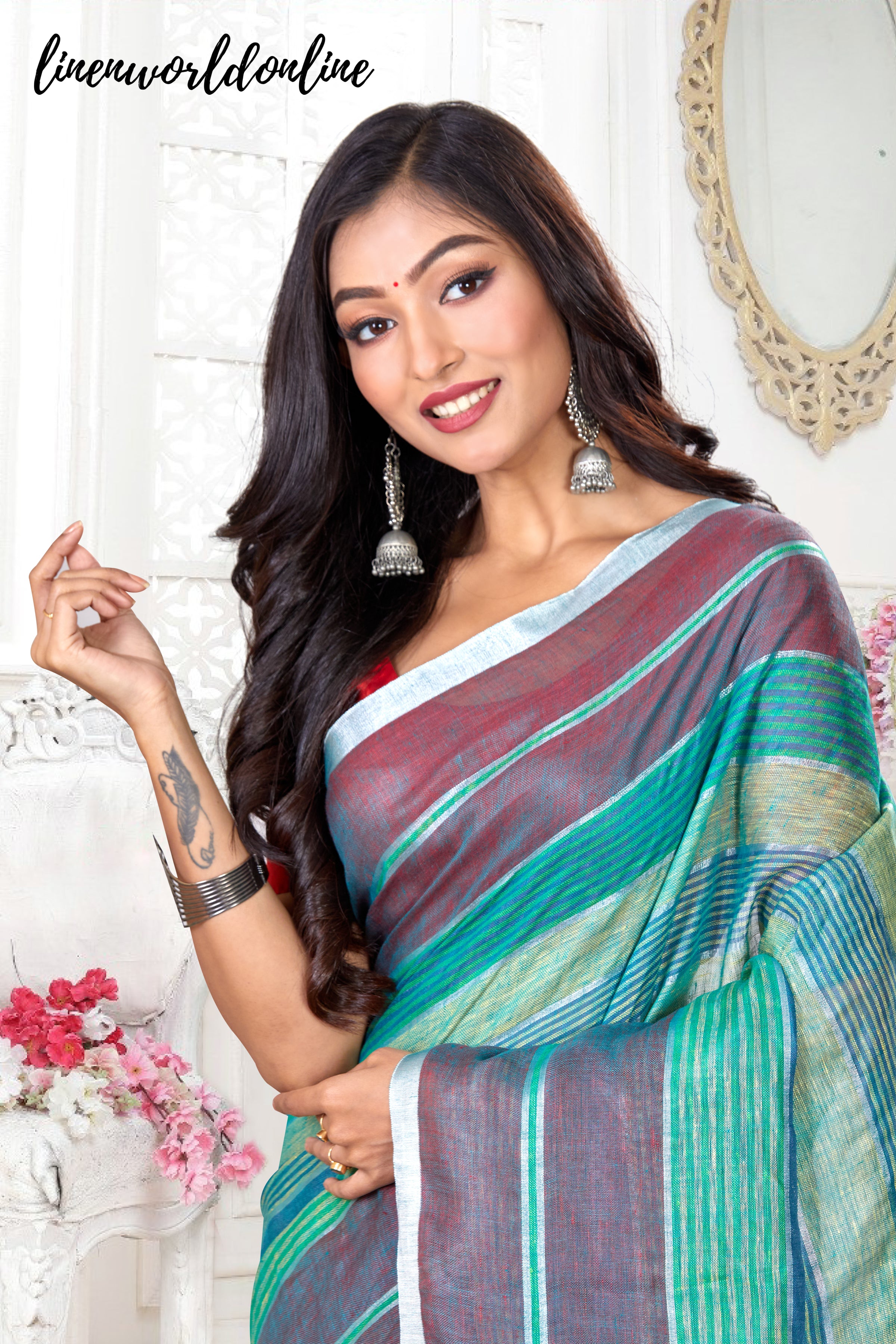 handwoven stripes pure linen saree