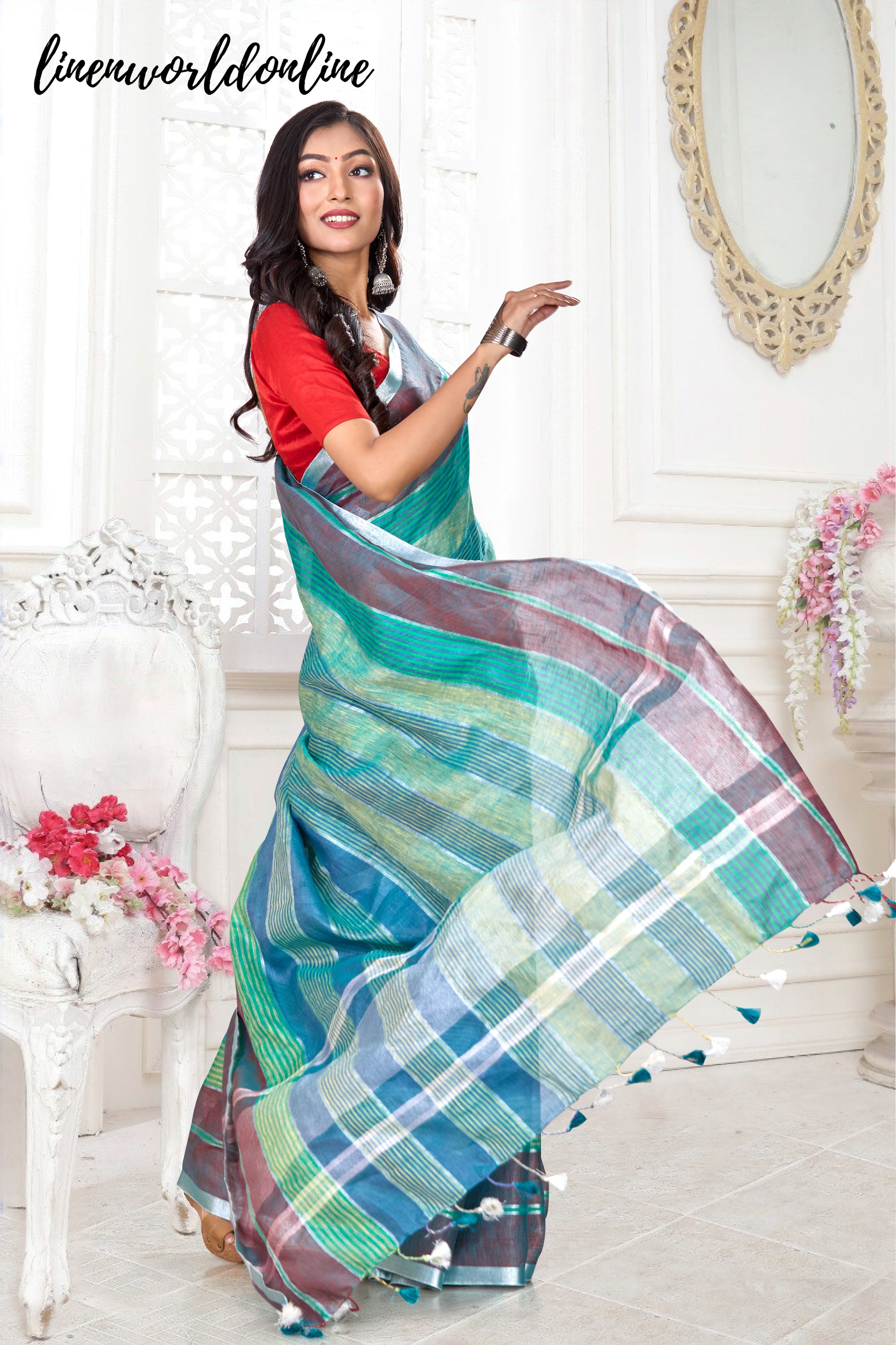 handwoven stripes pure linen saree