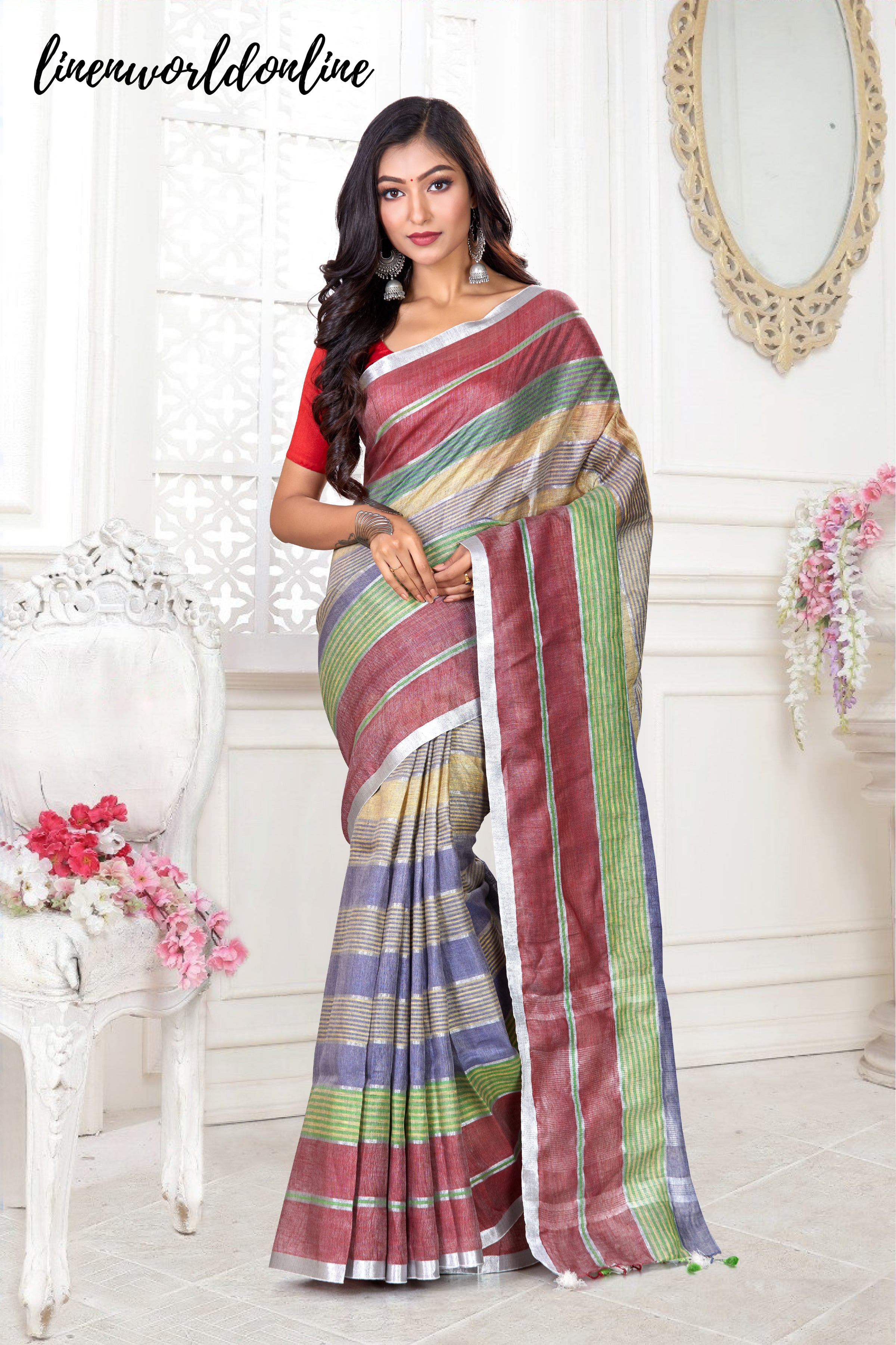 handwoven stripes pure linen saree