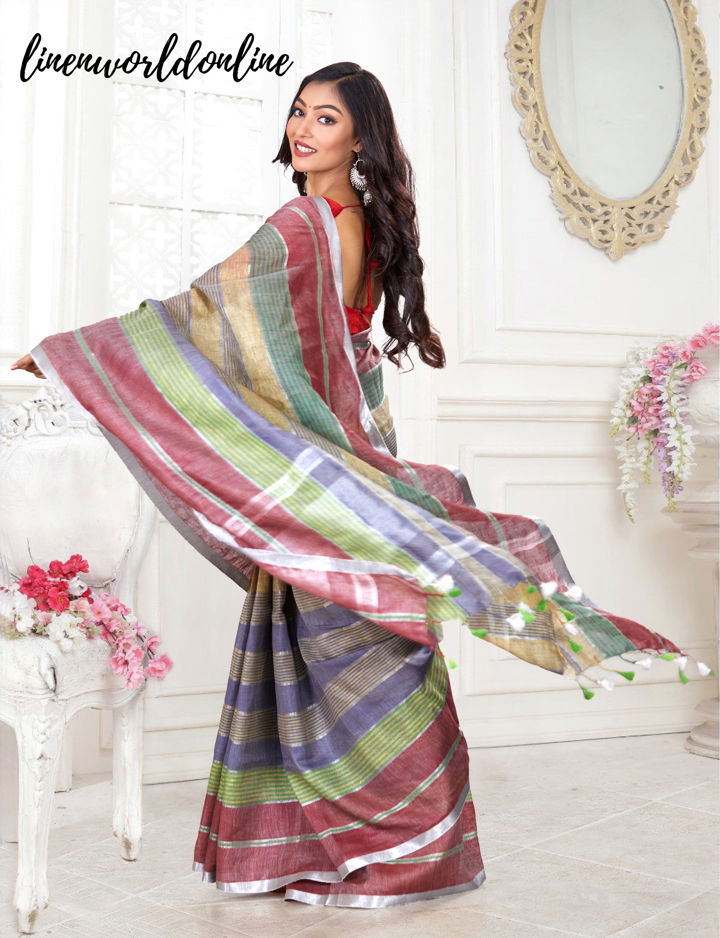 handwoven stripes pure linen saree