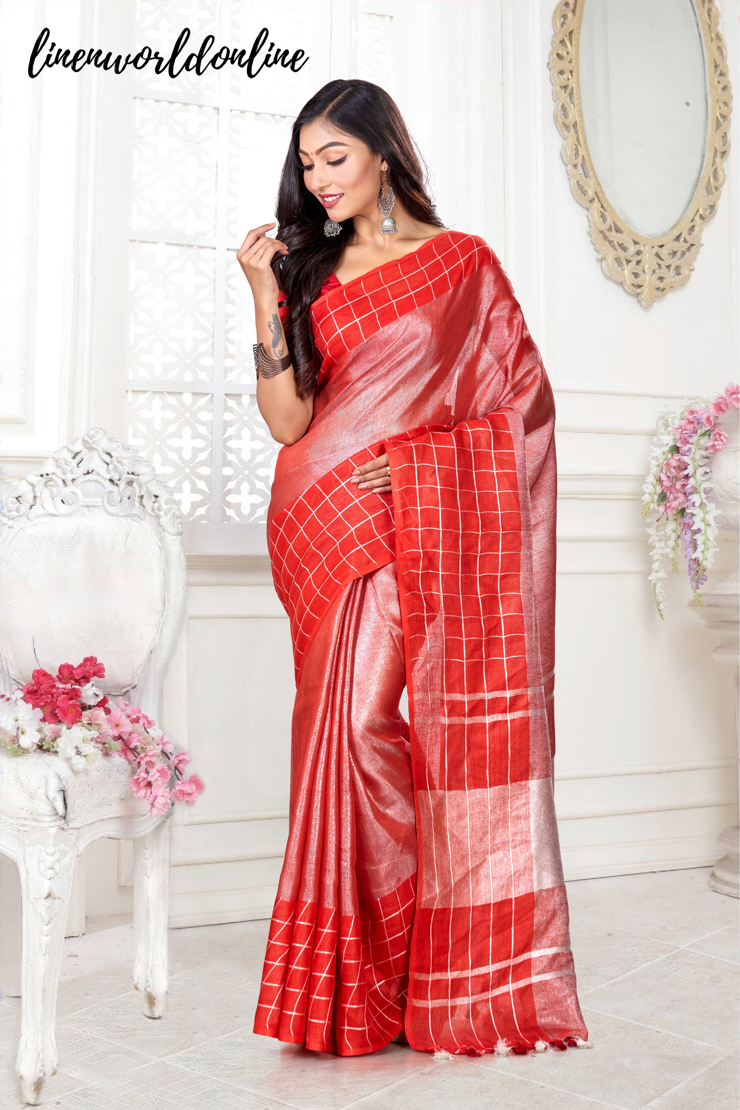 zari linen checkered handwoven saree