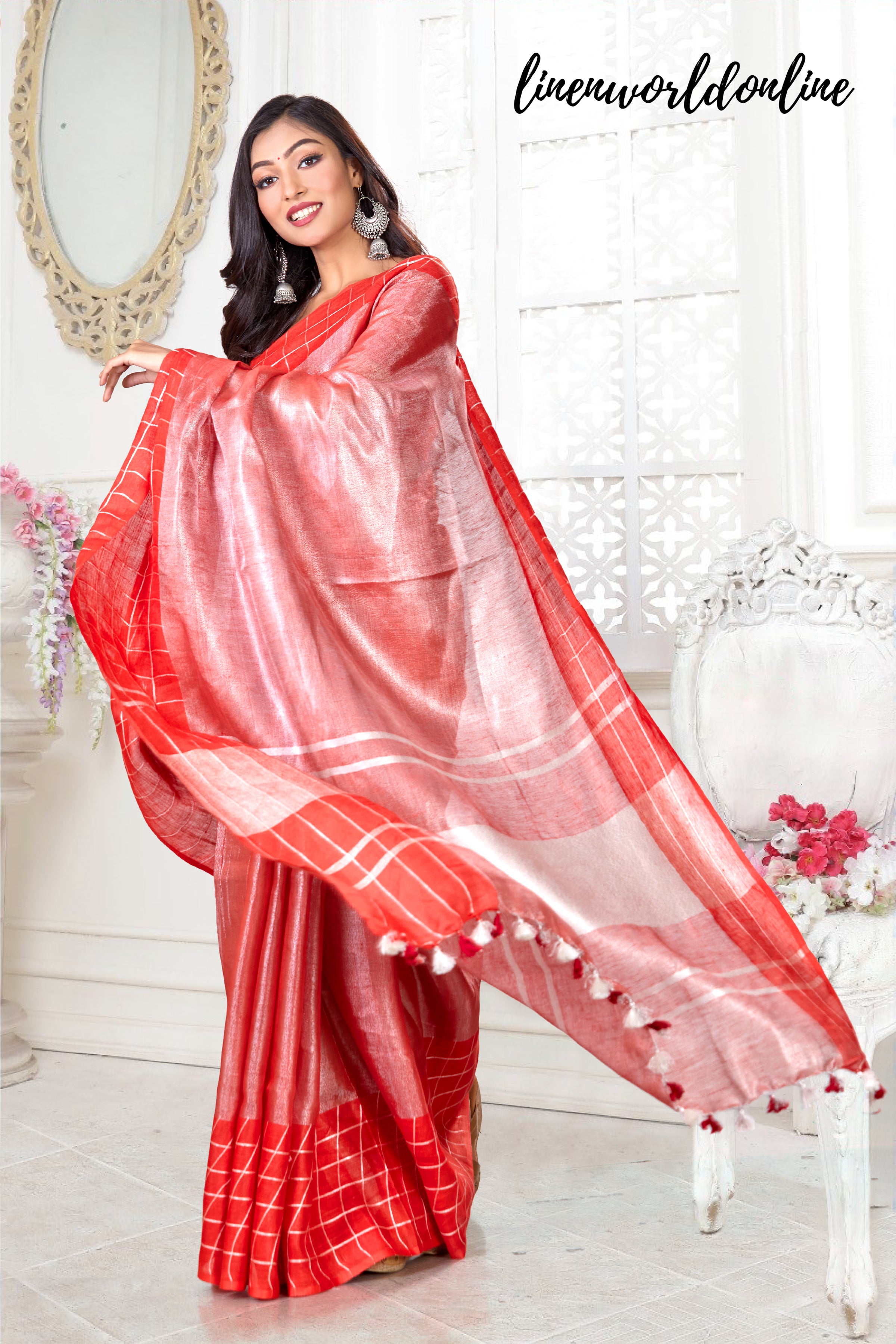 zari linen checkered handwoven saree