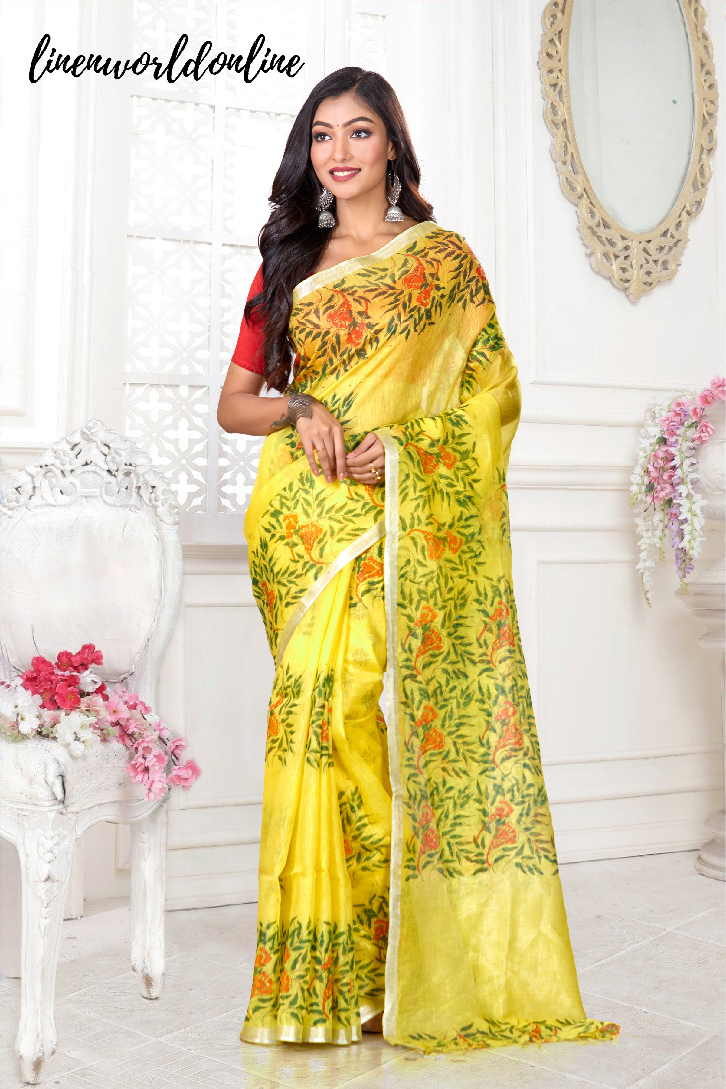 silk linen block printed saree