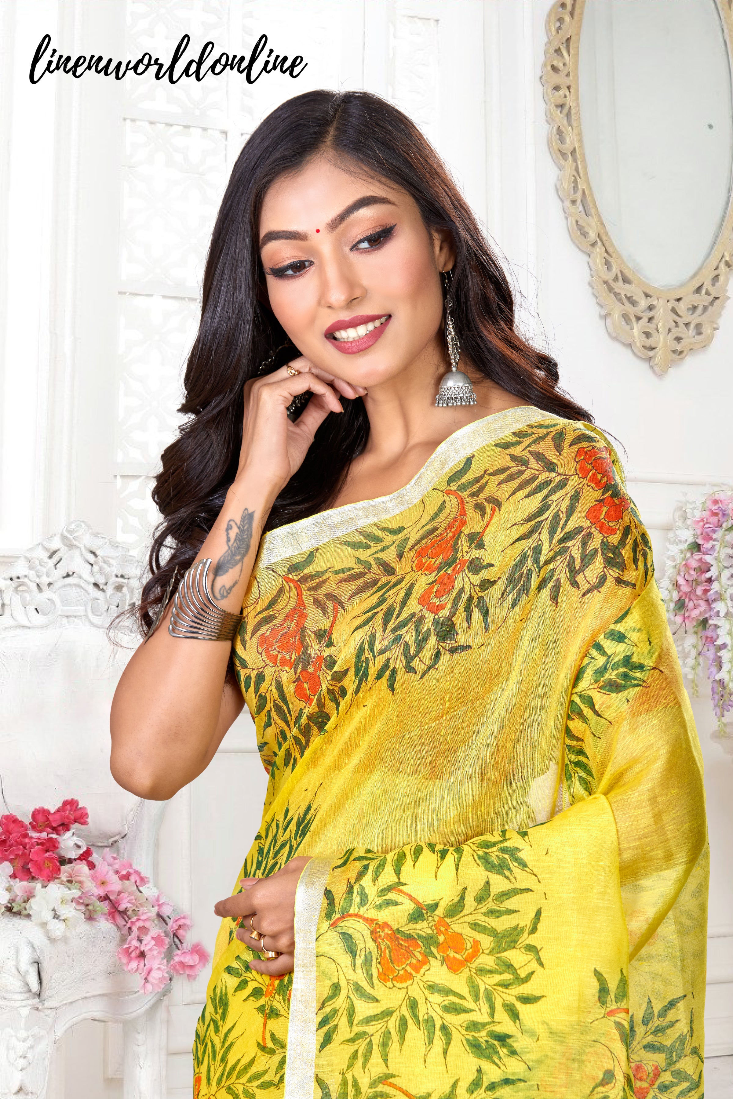 silk linen block printed saree