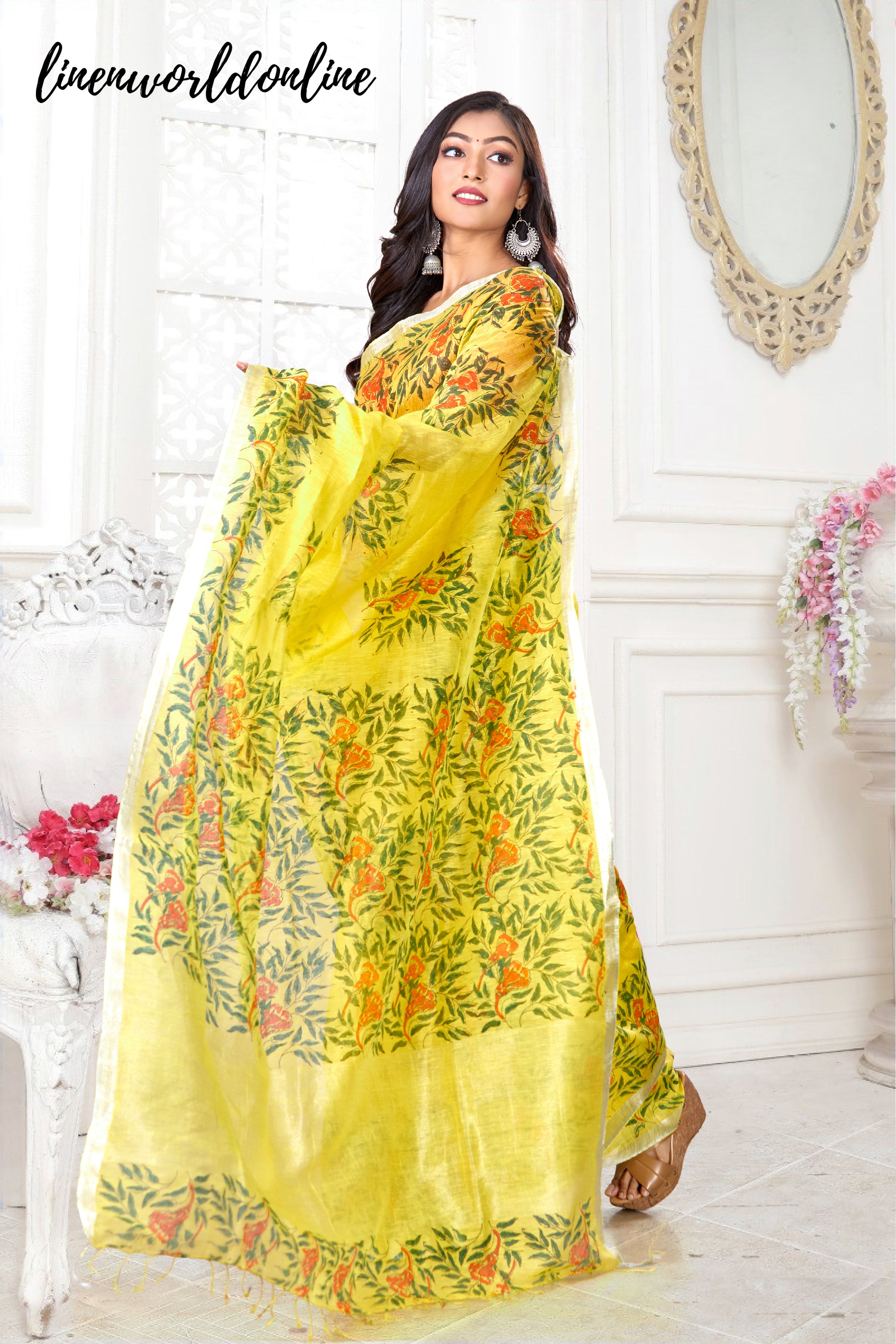 silk linen block printed saree