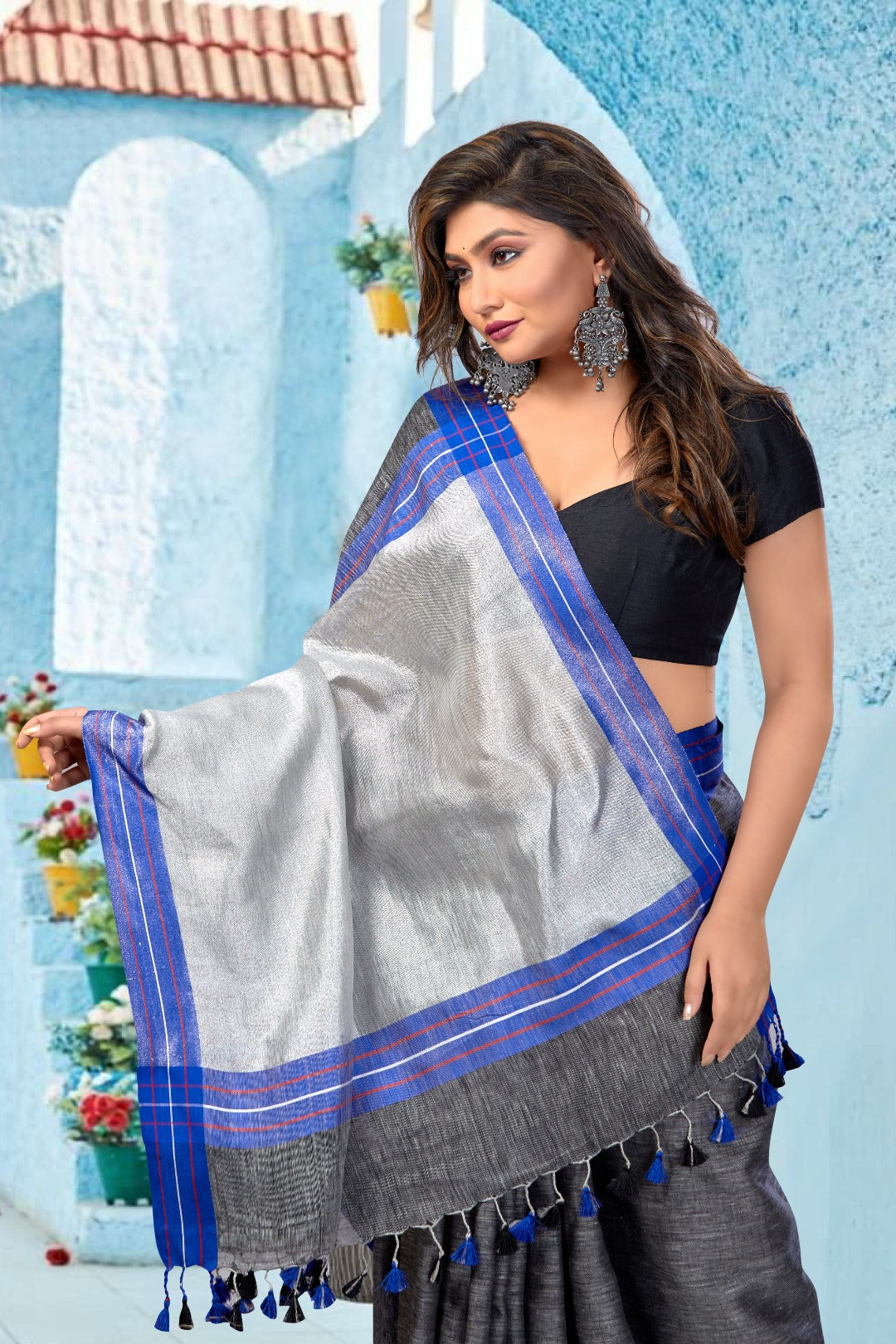 grey handloom pure linen saree - linenworldonline.in
