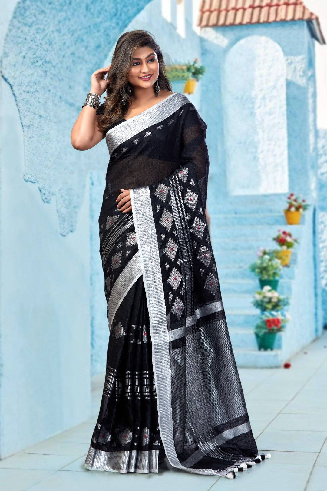 black dobiwoven pure linen saree -- linenworldonline.in