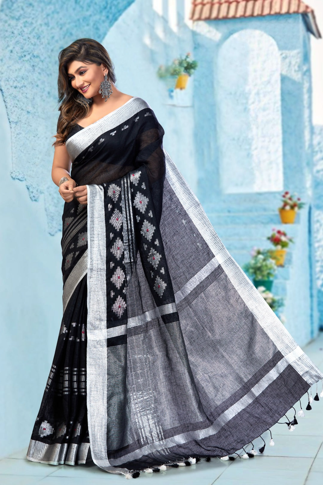 black dobiwoven pure linen saree - linenworldonline.in