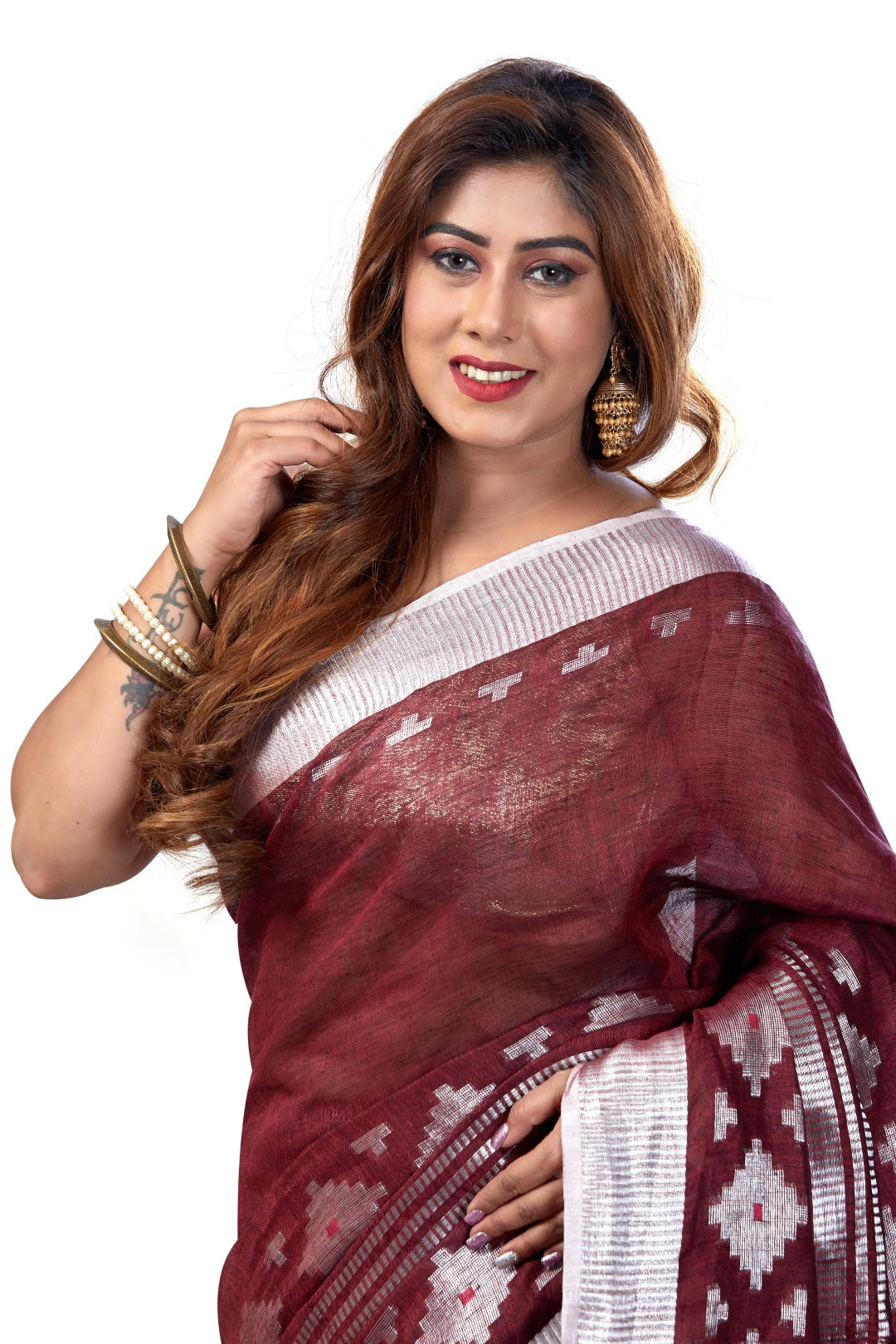 maroon dobiwoven pure linen saree - linenworldonline.in