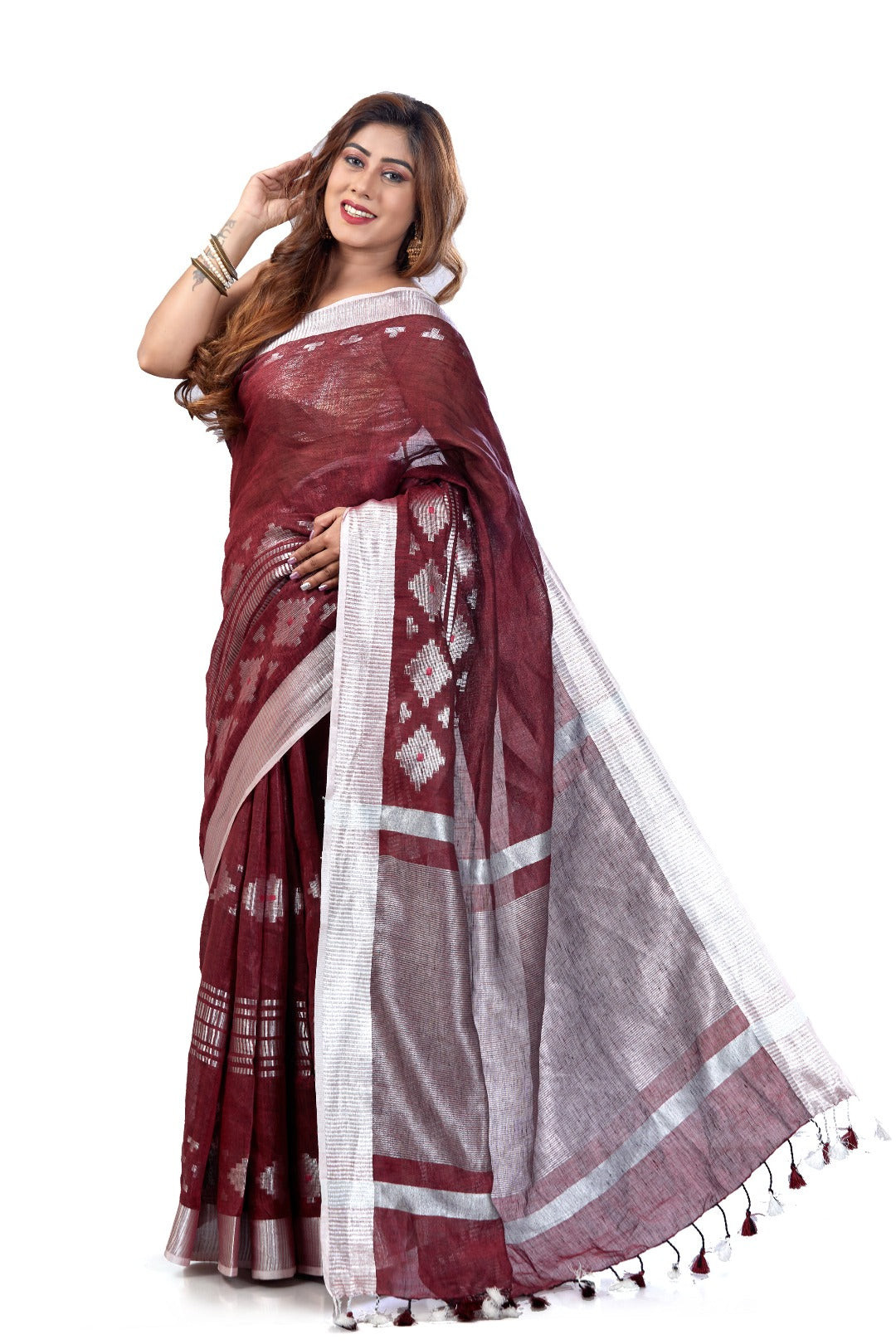 maroon dobiwoven pure linen saree - linenworldonline.in