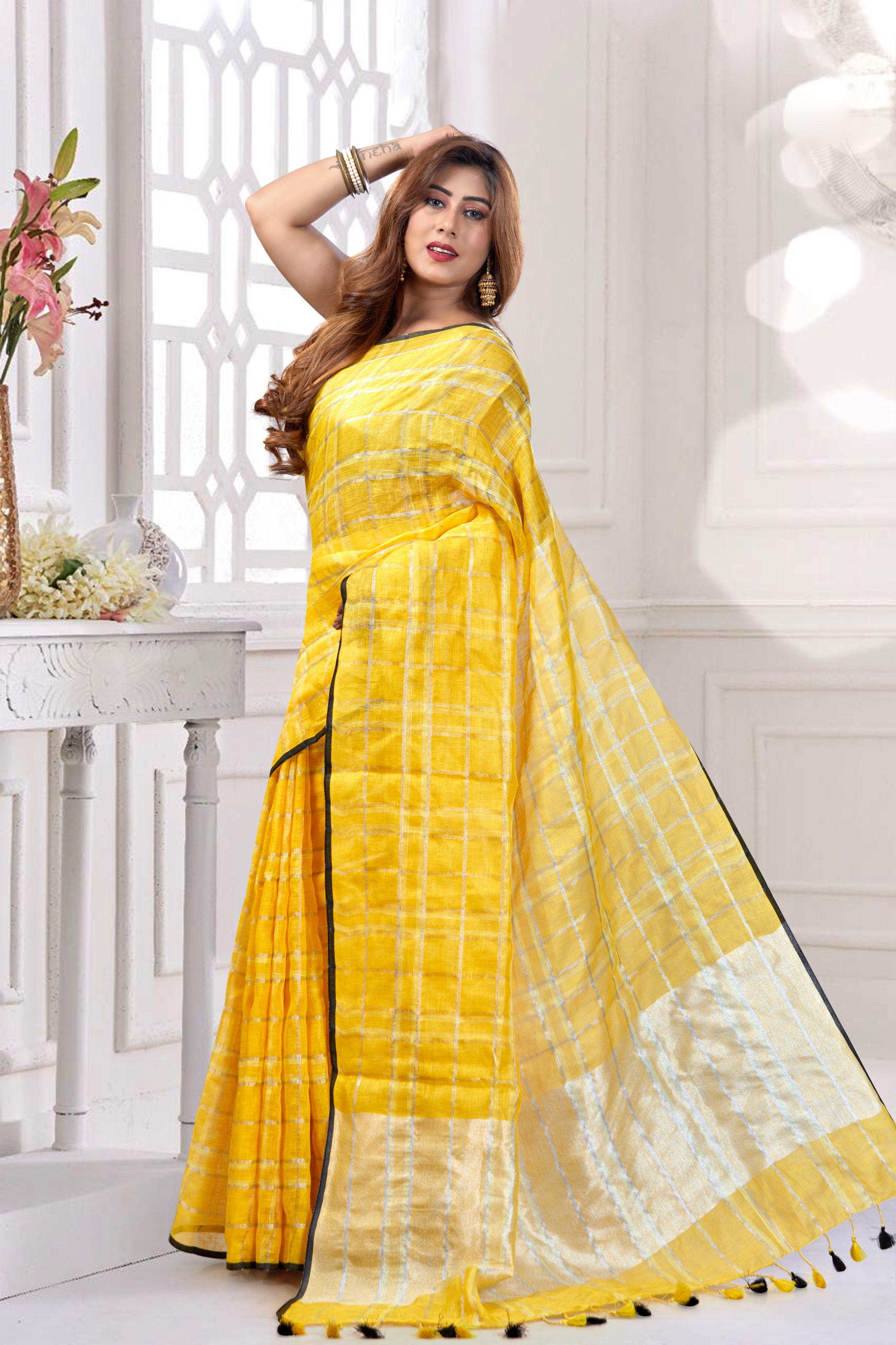 ishani - mango yellow checkered pure linen saree - linenworldonline.in