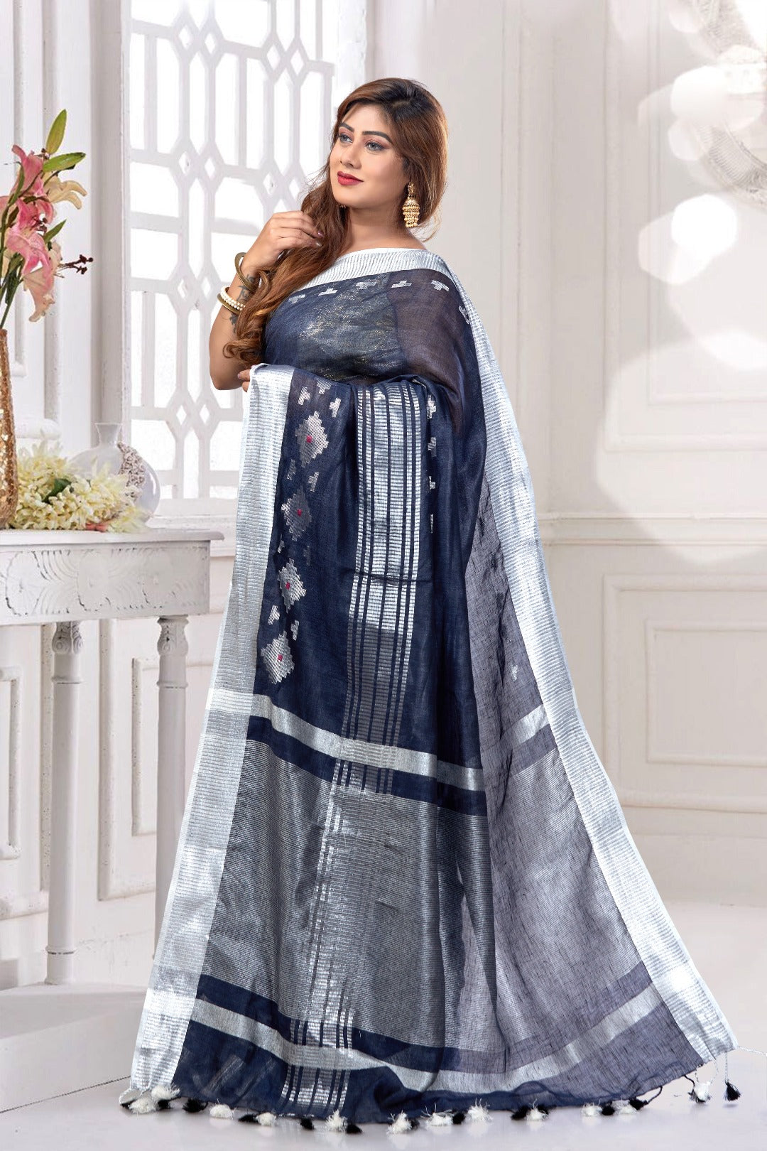 blue dobiwoven pure linen saree - linenworldonline.in