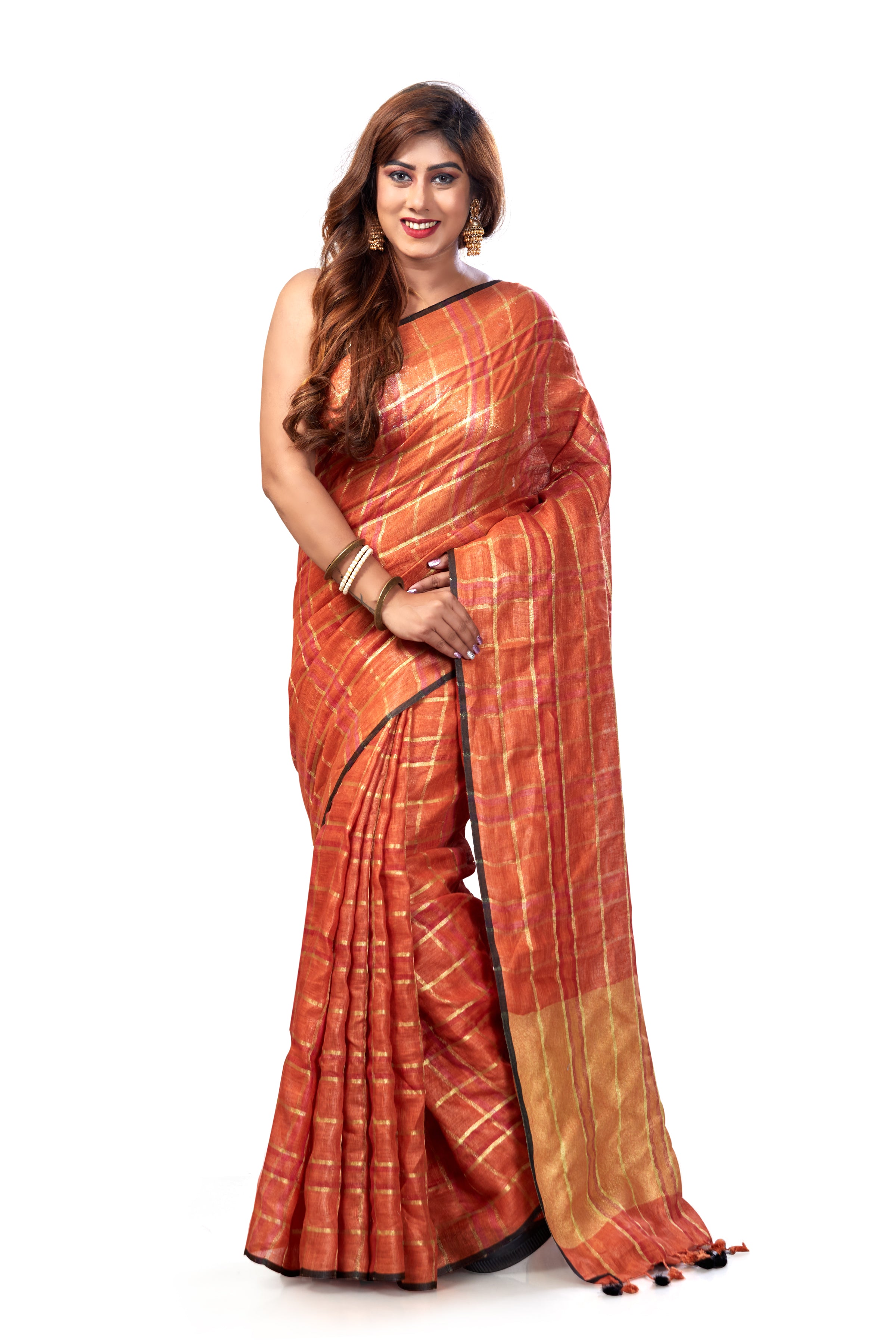 dharini - rust checkered pure linen saree  - linenworldonline.in
