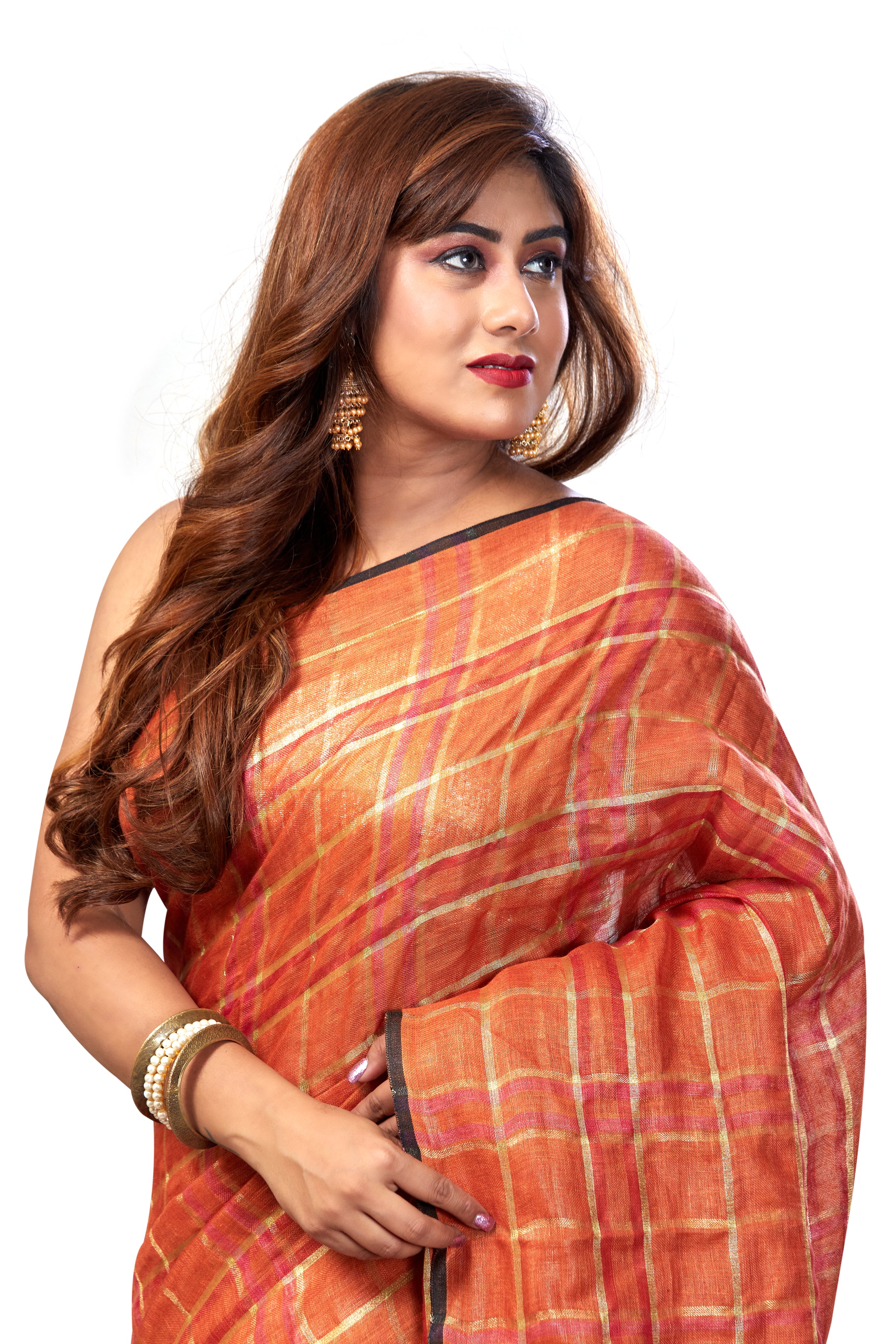 dharini - rust checkered pure linen saree  - linenworldonline.in