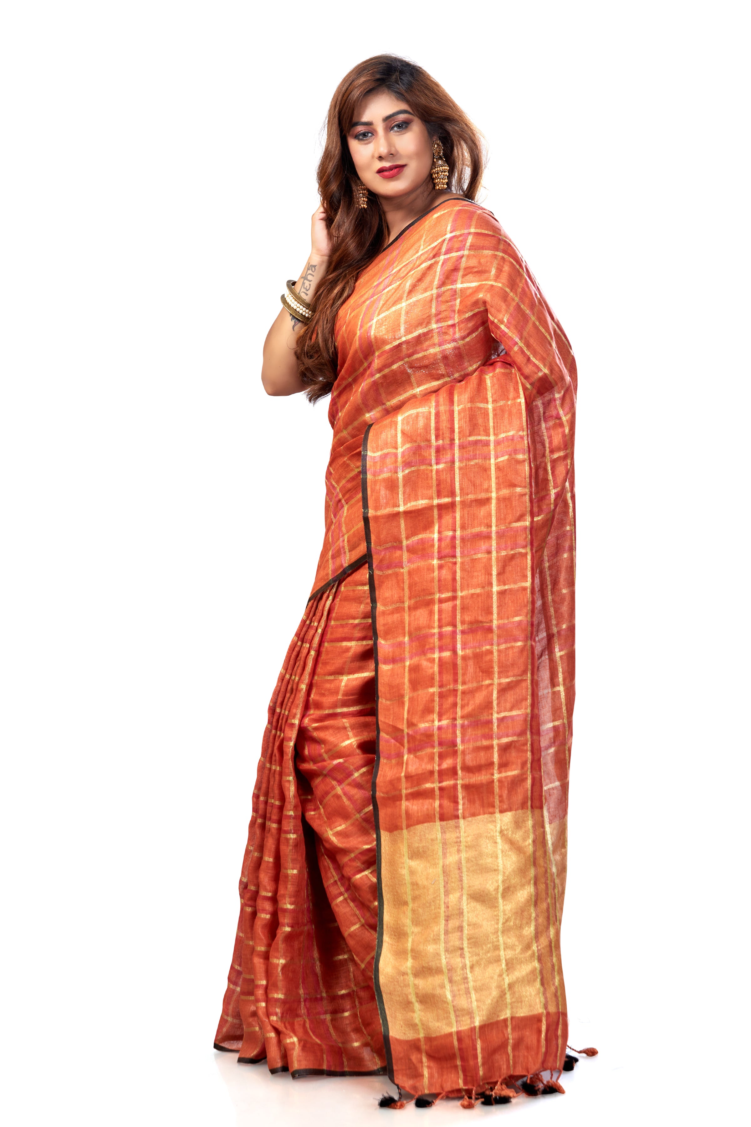 dharini - rust checkered pure linen saree  - linenworldonline.in