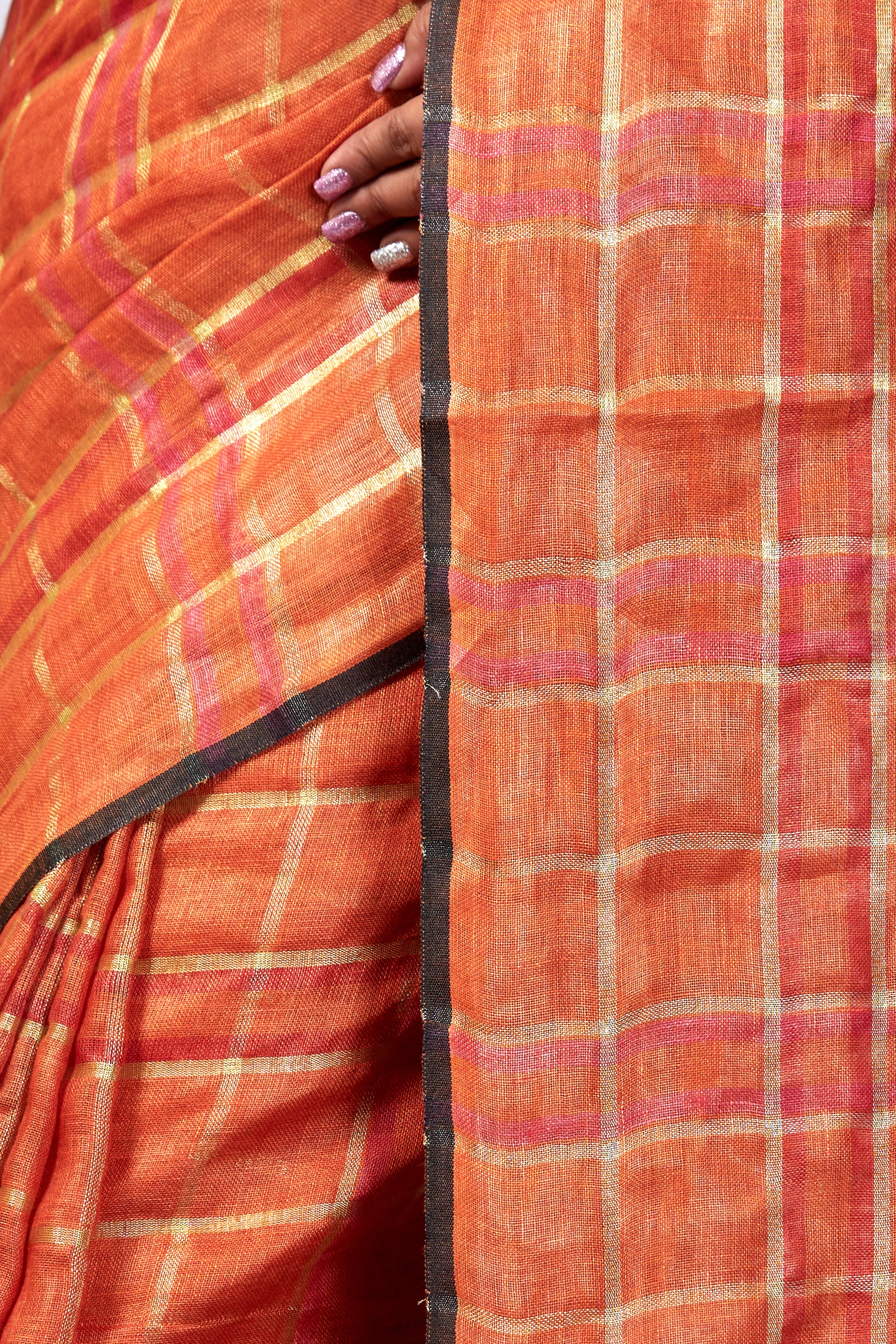 dharini - rust checkered pure linen saree  - linenworldonline.in