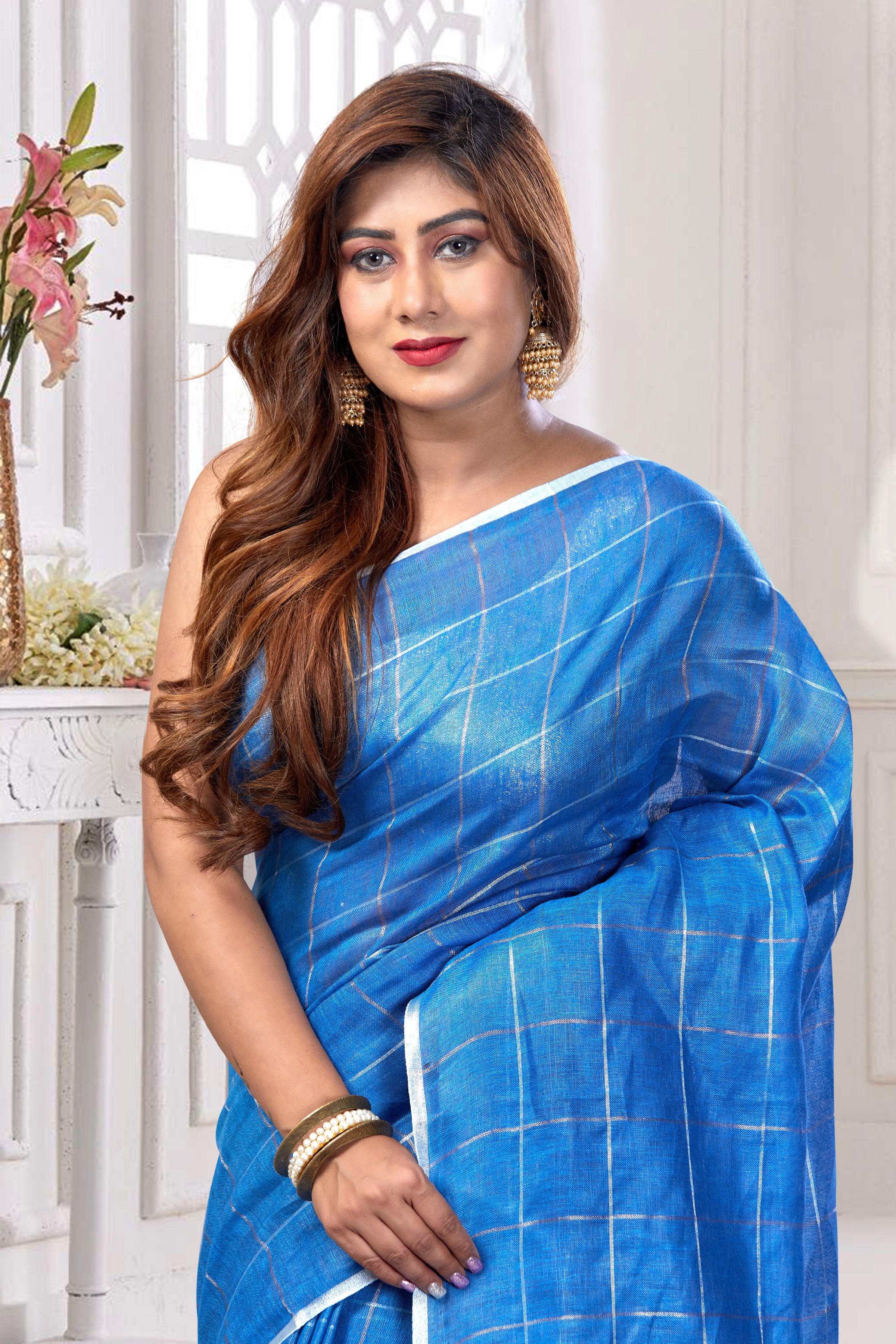 checkered handwoven linen saree