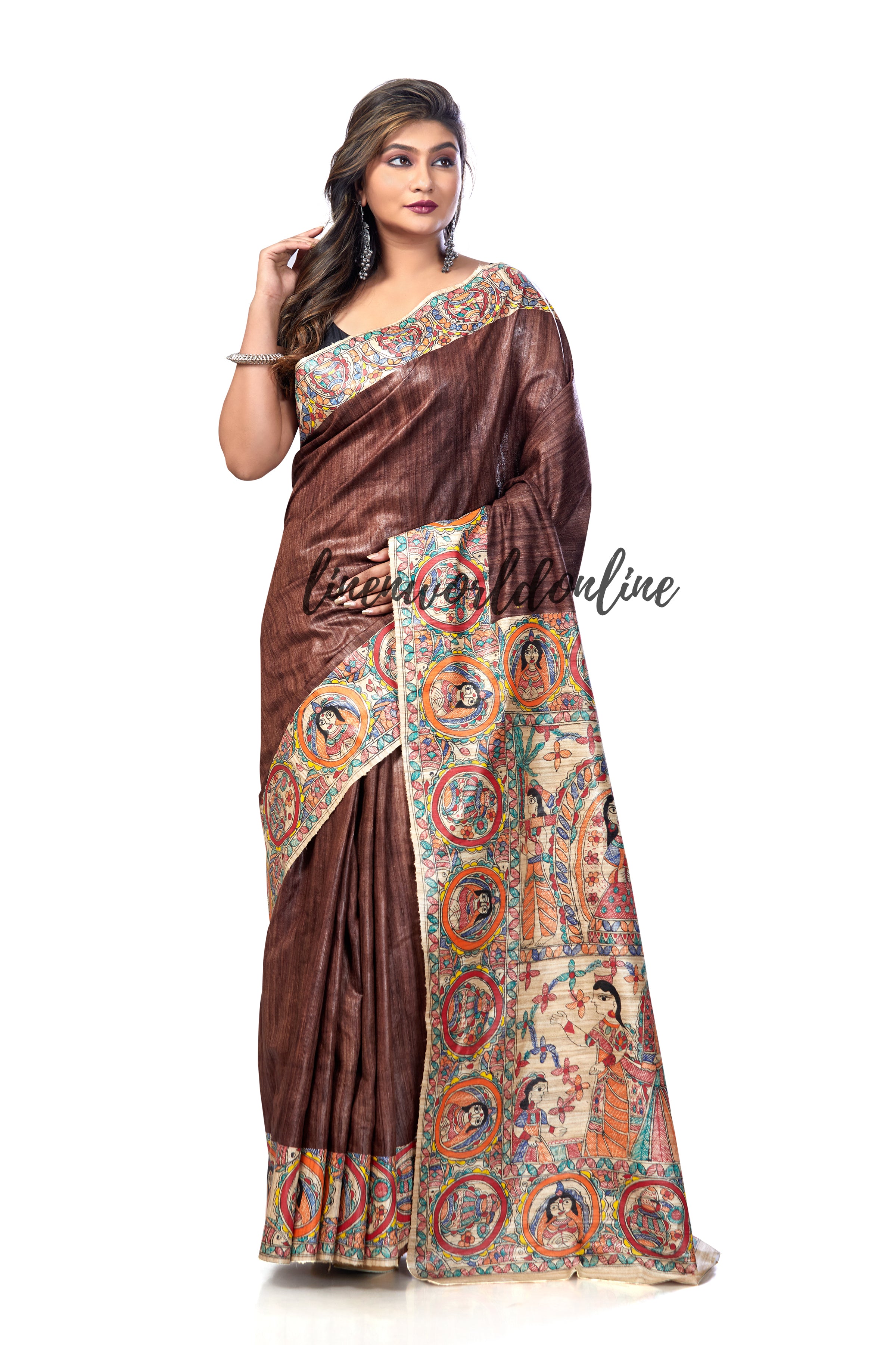 madhubani hand painted tussar ghicha silk saree