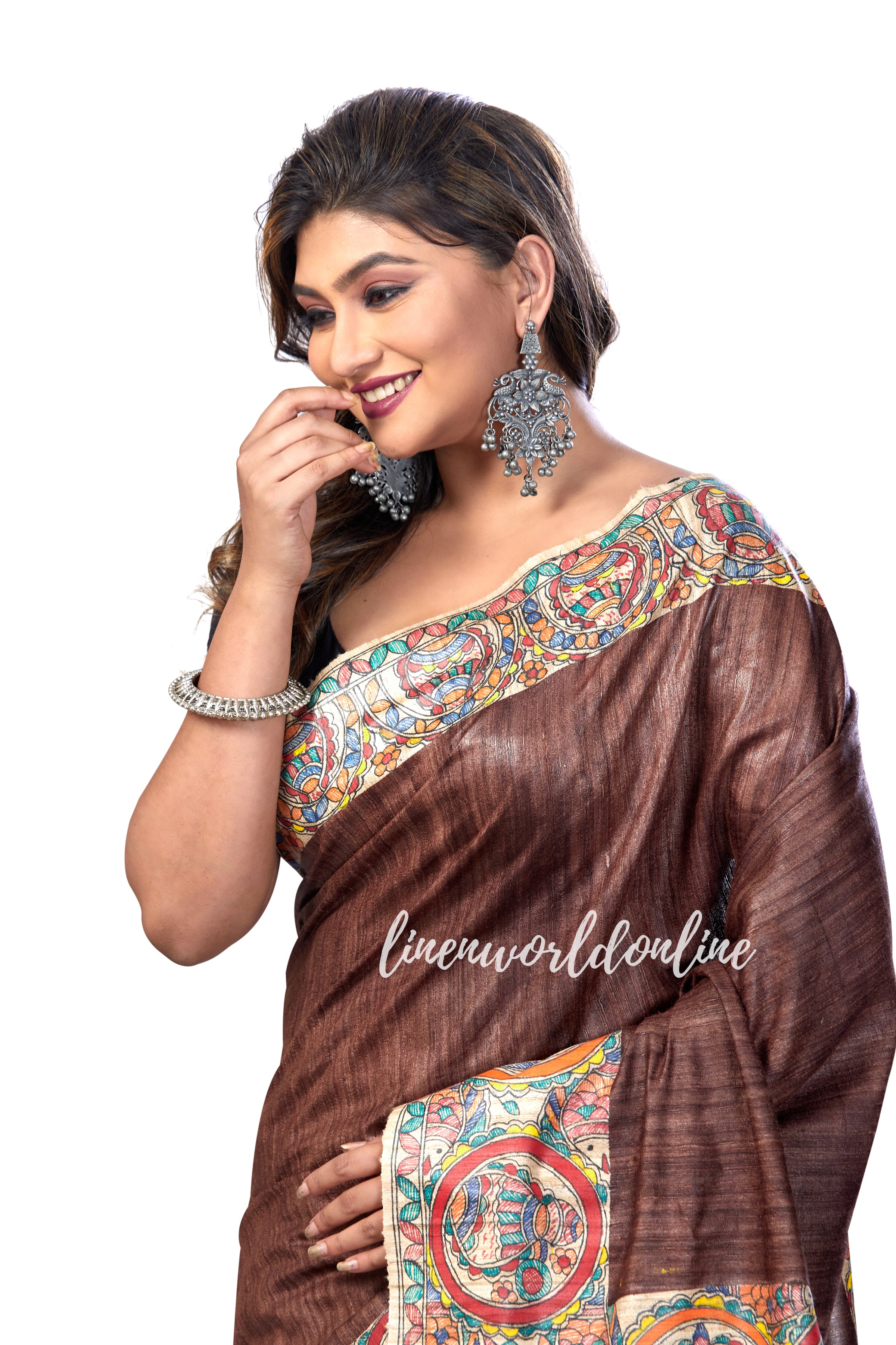 madhubani hand painted tussar ghicha silk saree
