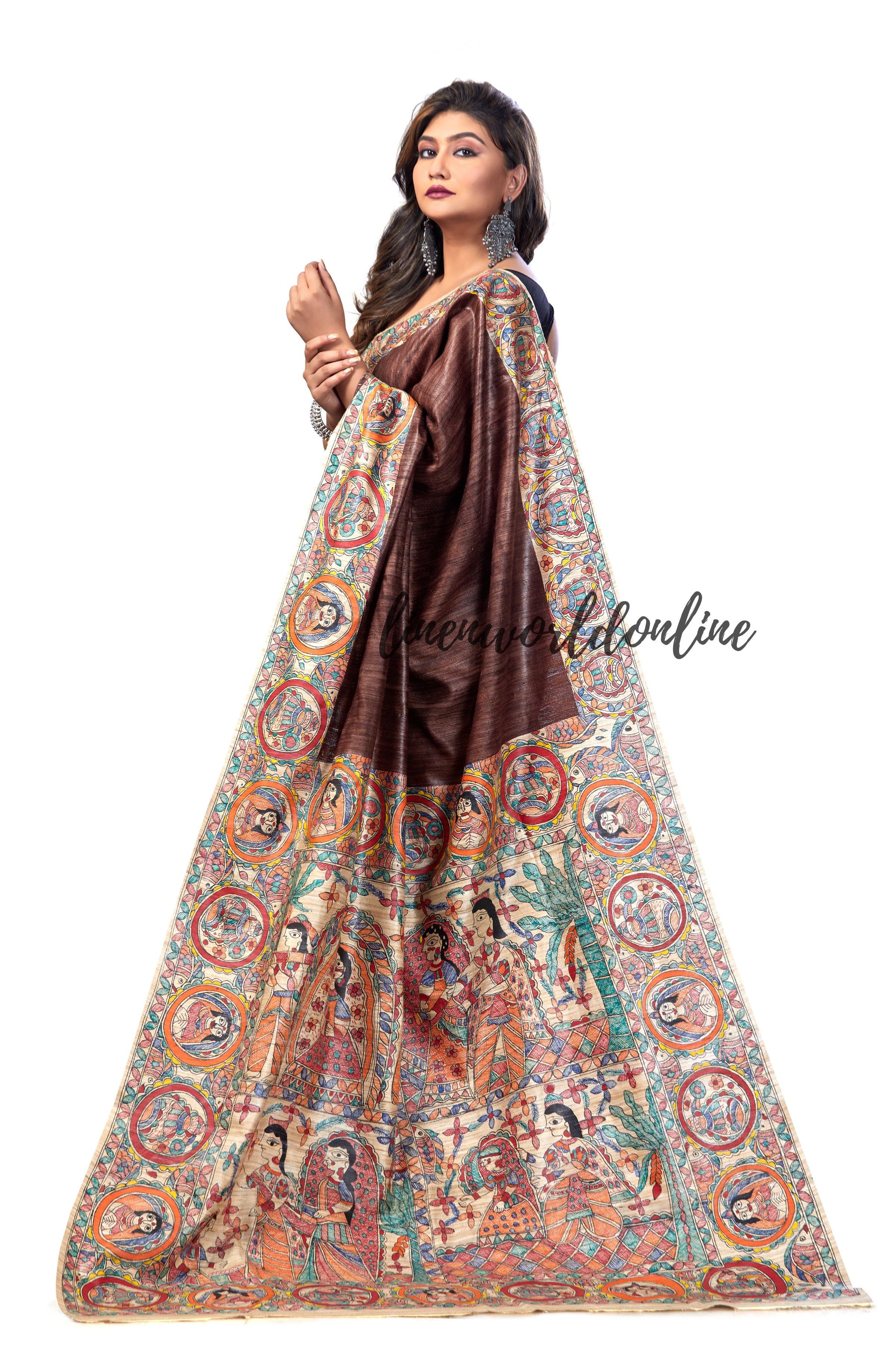 madhubani hand painted tussar ghicha silk saree