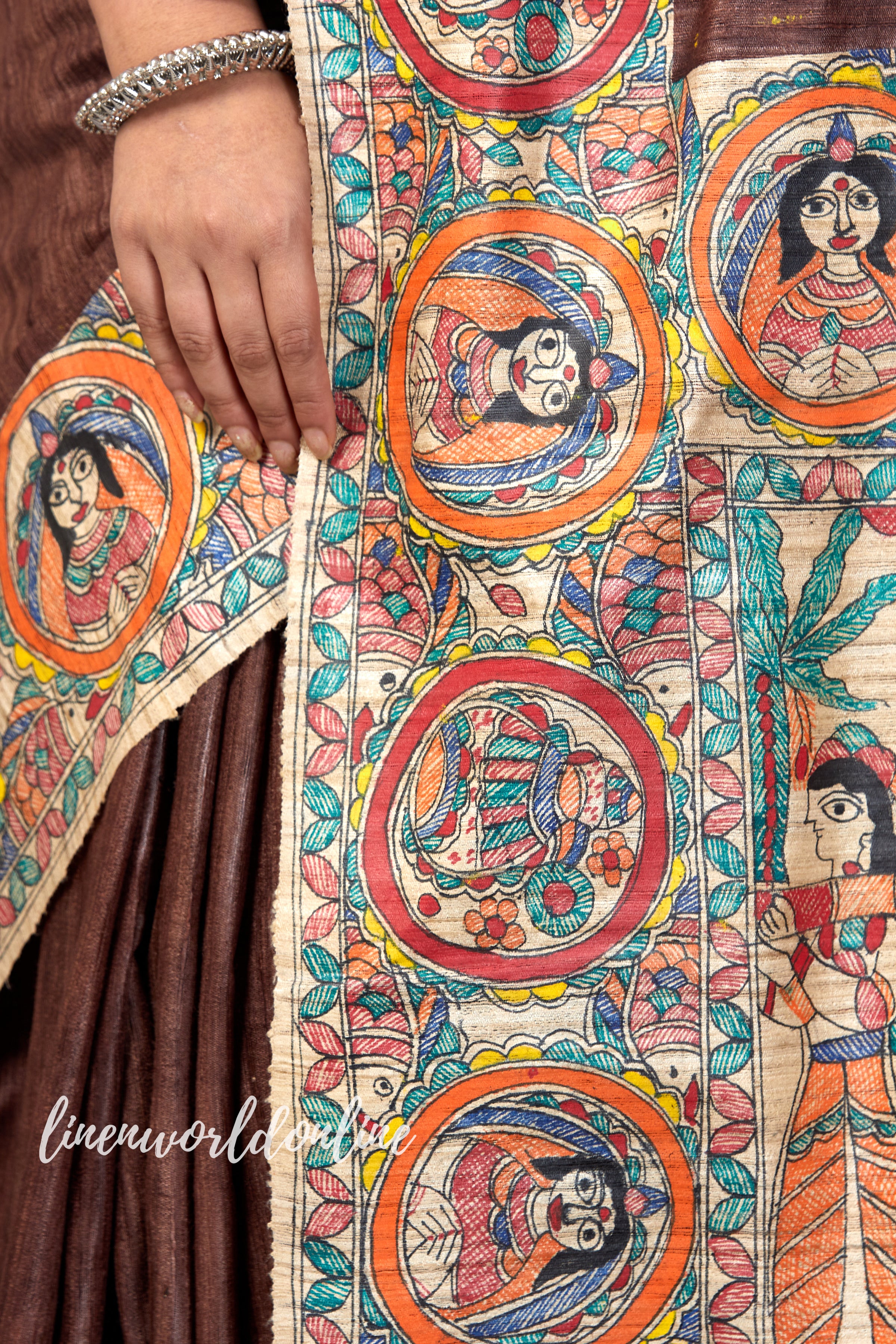 madhubani hand painted tussar ghicha silk saree