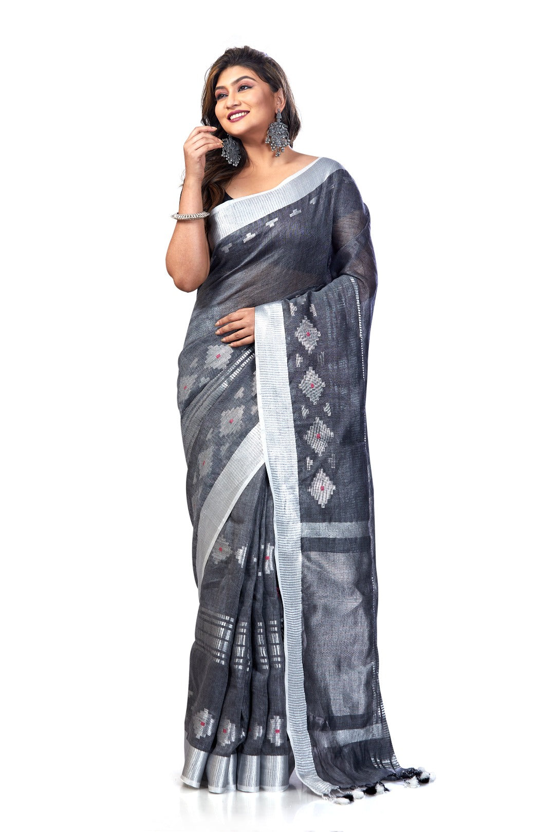 grey dobiwoven pure linen saree - linenworldonline.in