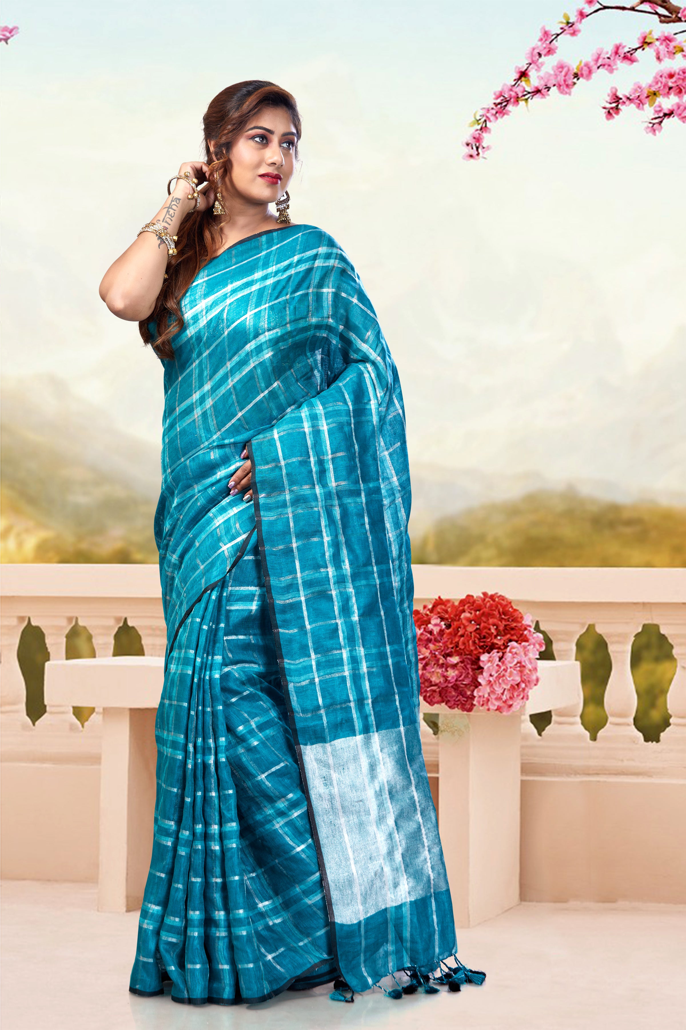 tejaswani - green checkered pure linen saree  - linenworldonline.in
