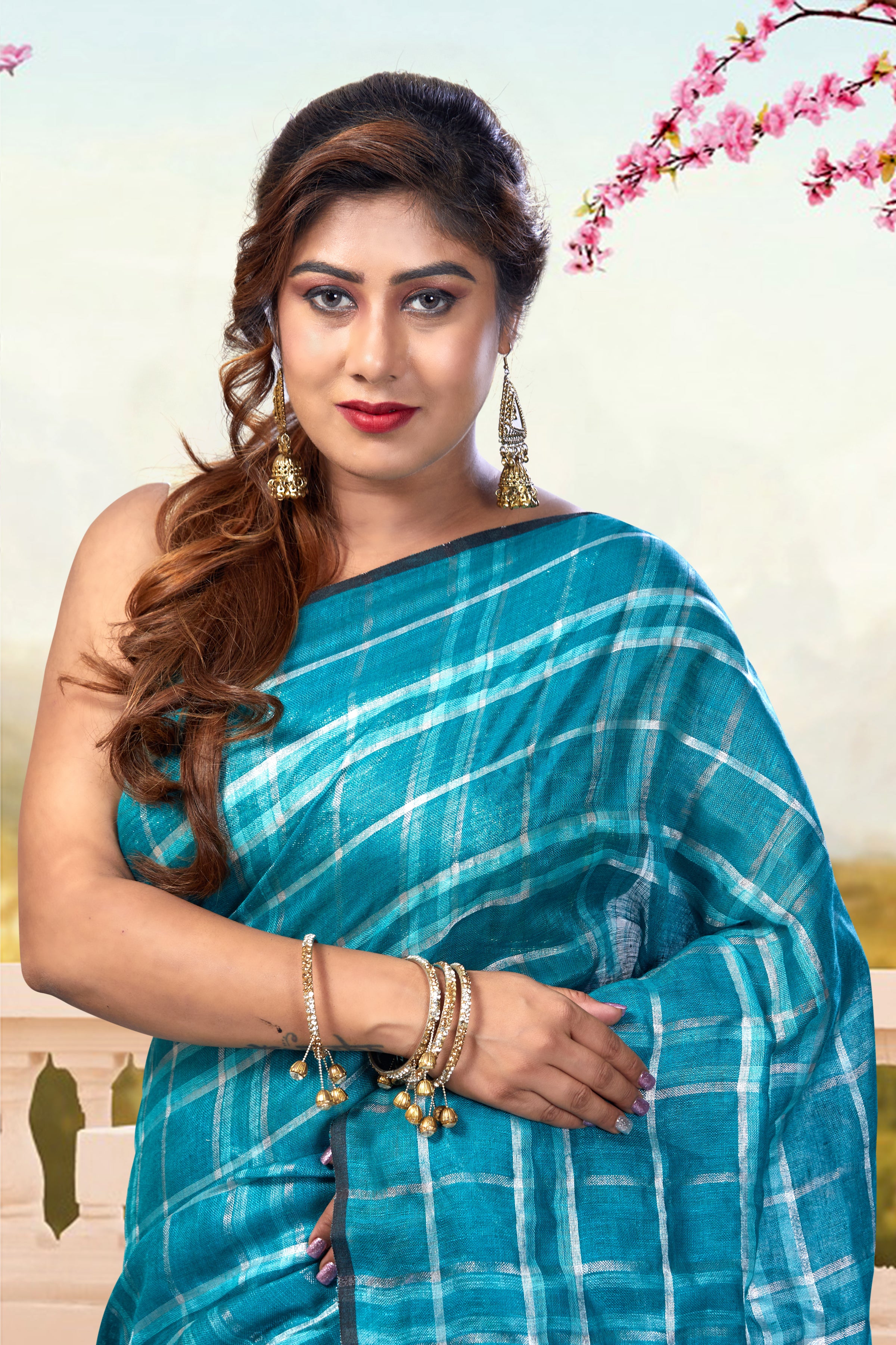 tejaswani - green checkered pure linen saree  - linenworldonline.in