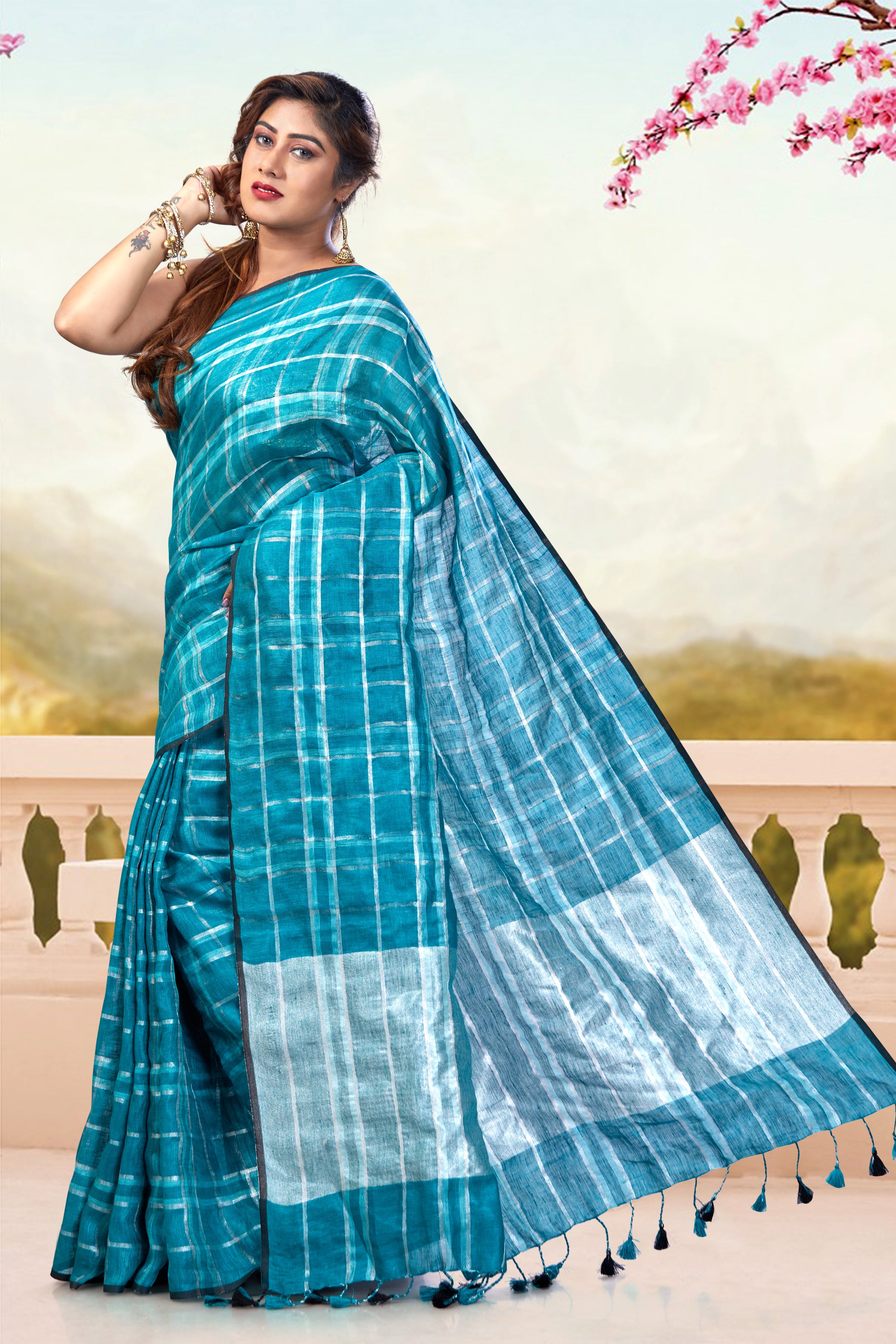 tejaswani - green checkered pure linen saree  - linenworldonline.in