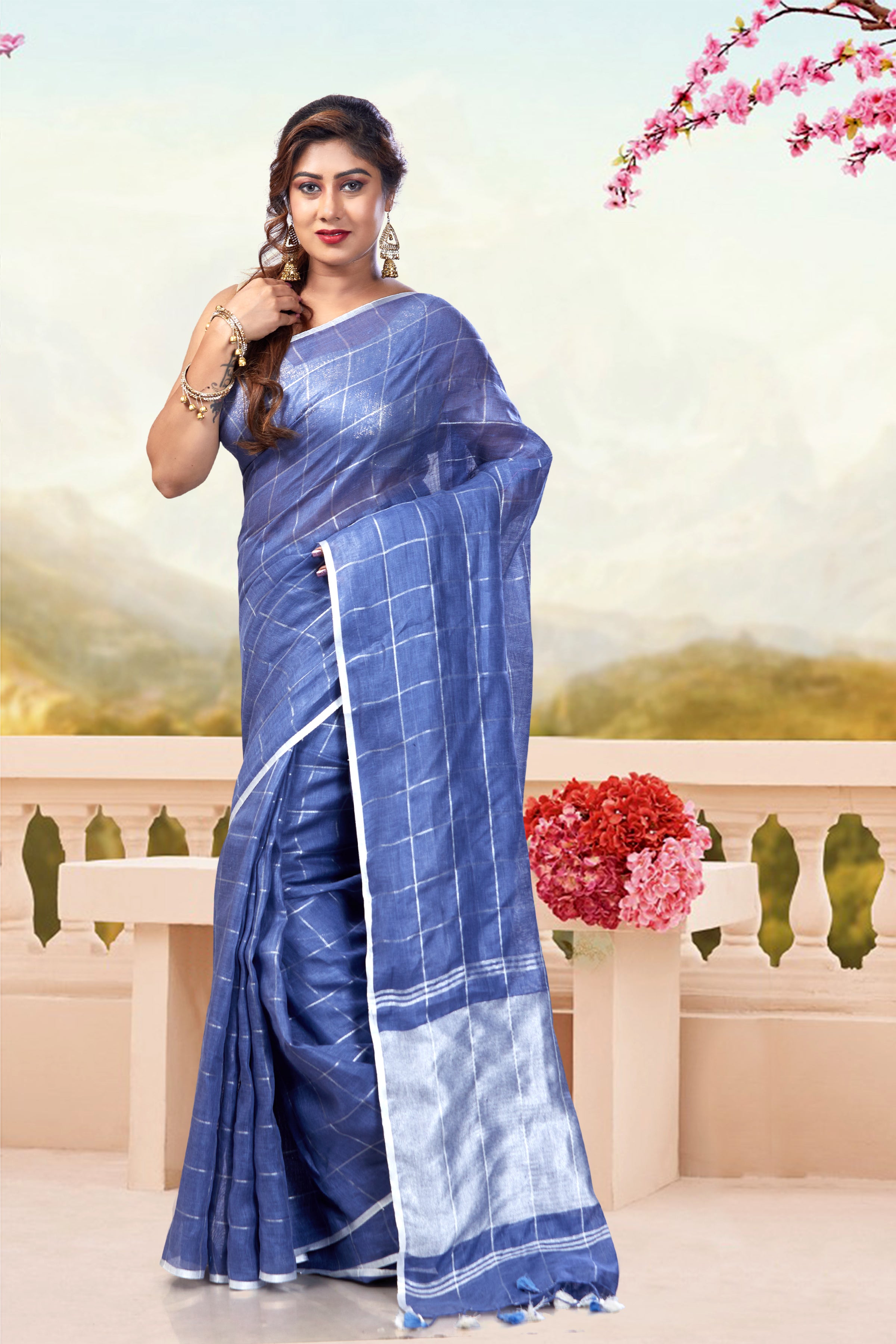 checkered woven pure linen saree