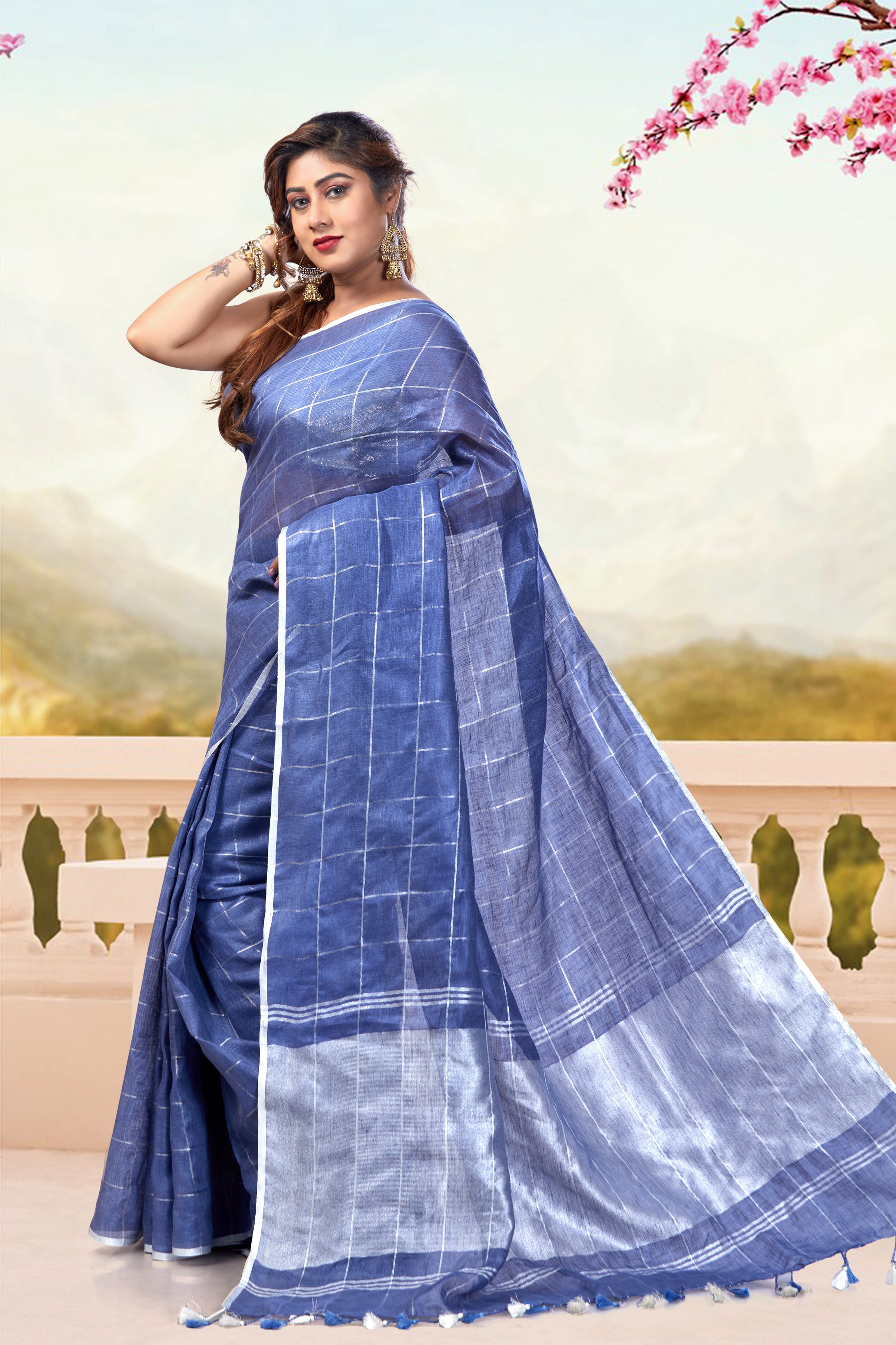 checkered woven pure linen saree