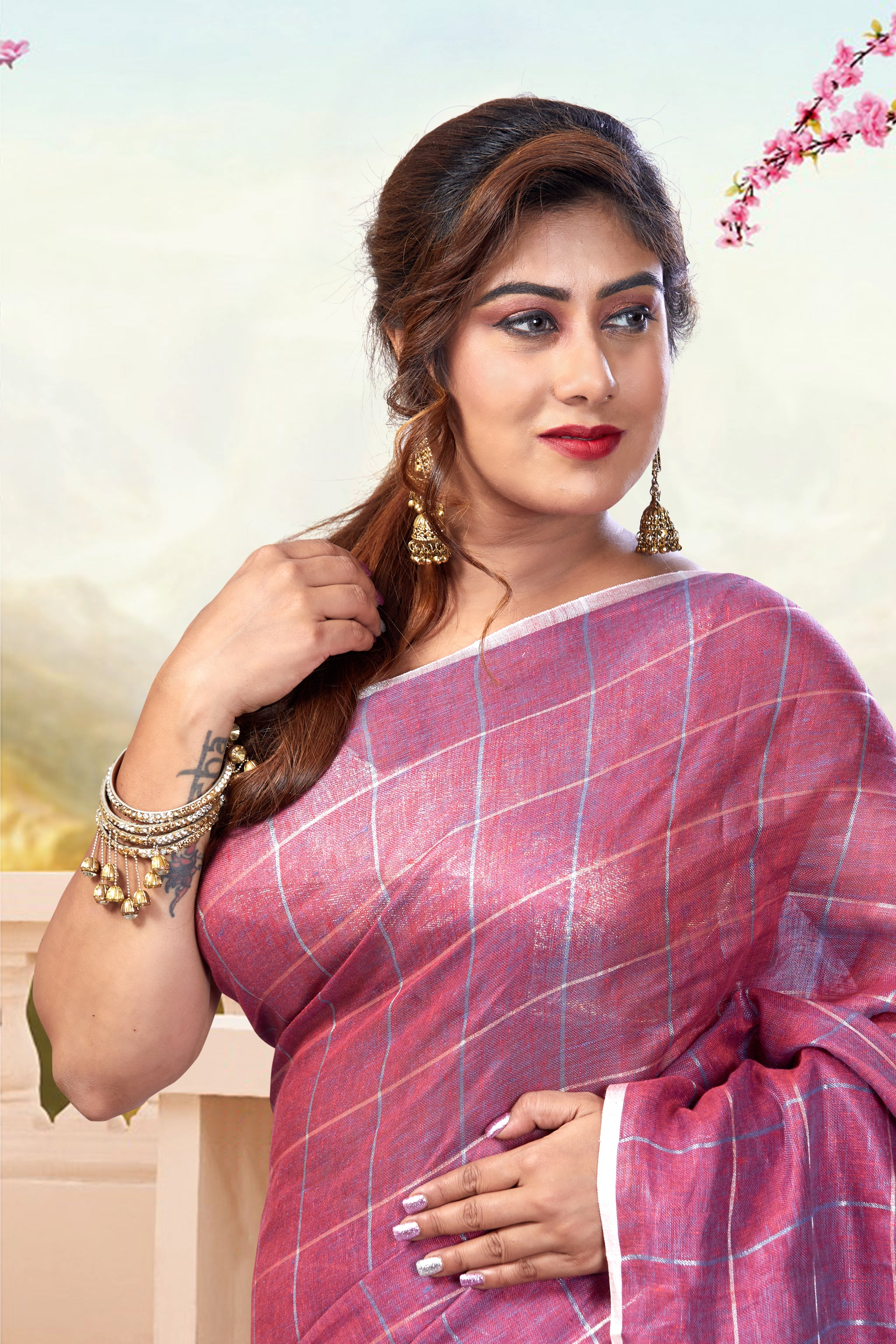 checkered linen saree
