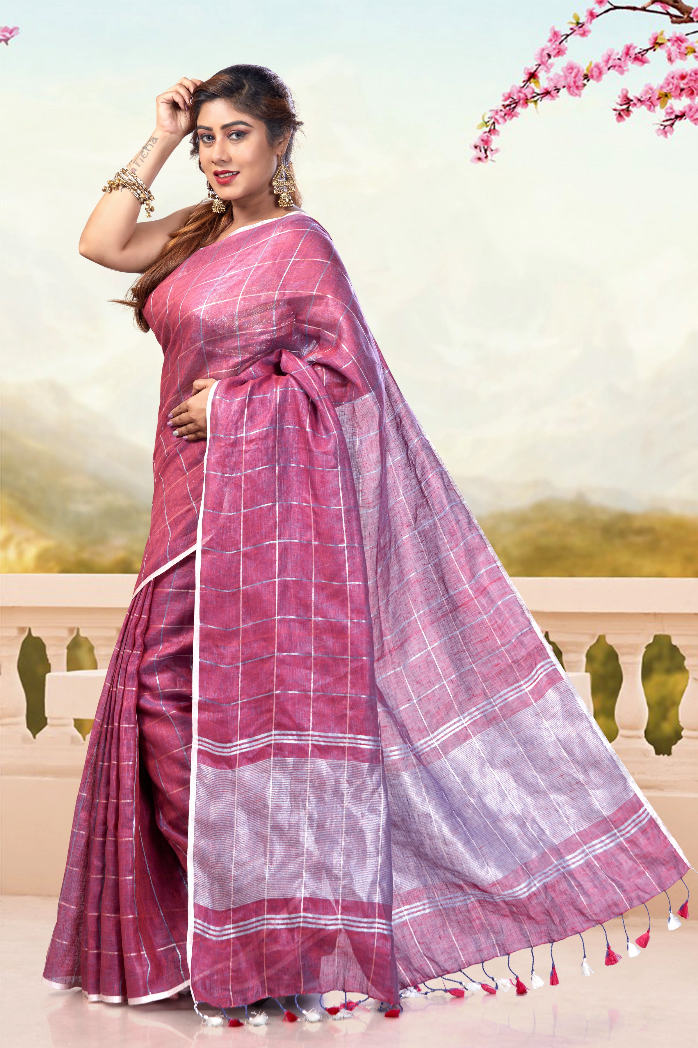 checkered linen saree