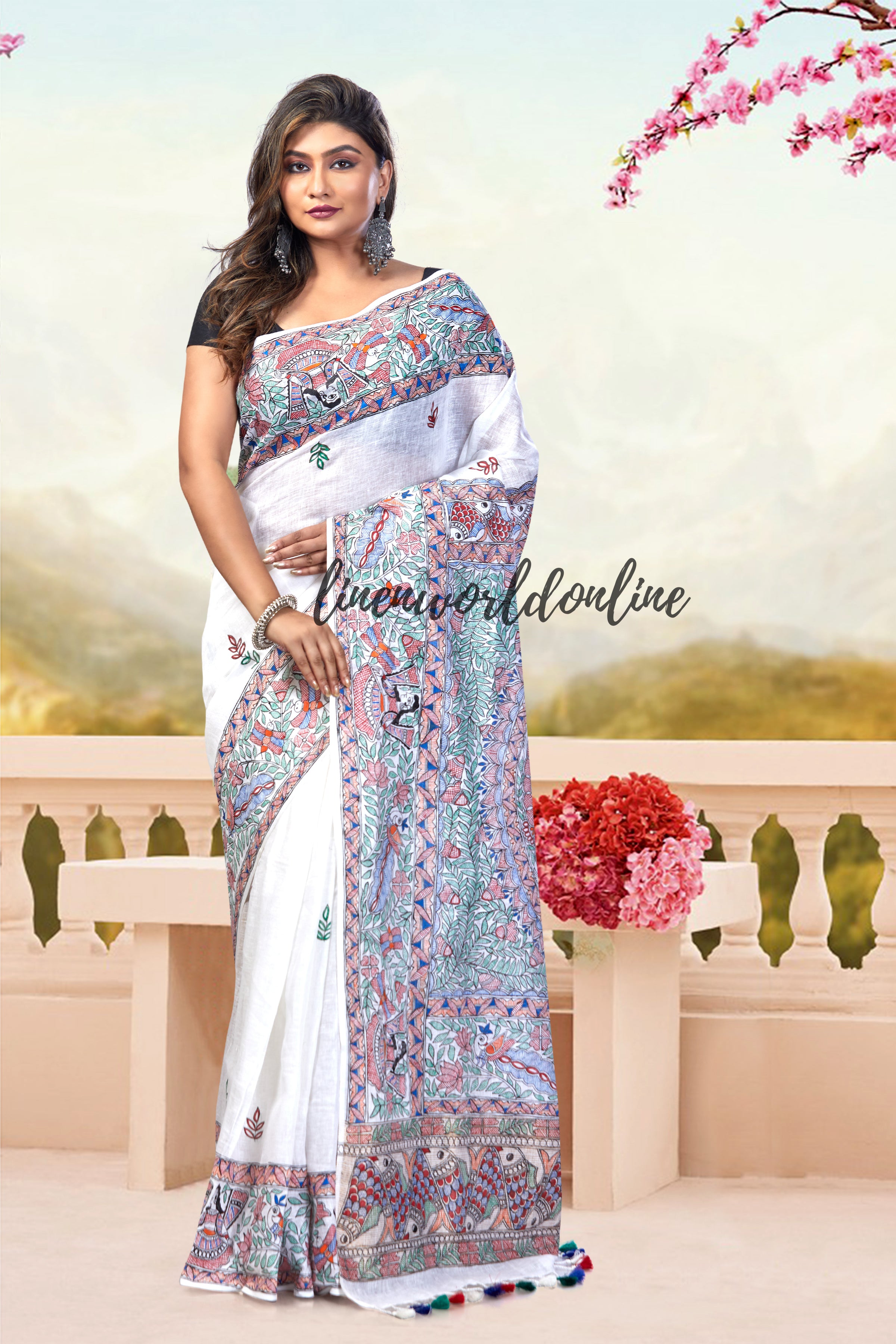 Madhubani Hand-Painted Pure Linen Saree