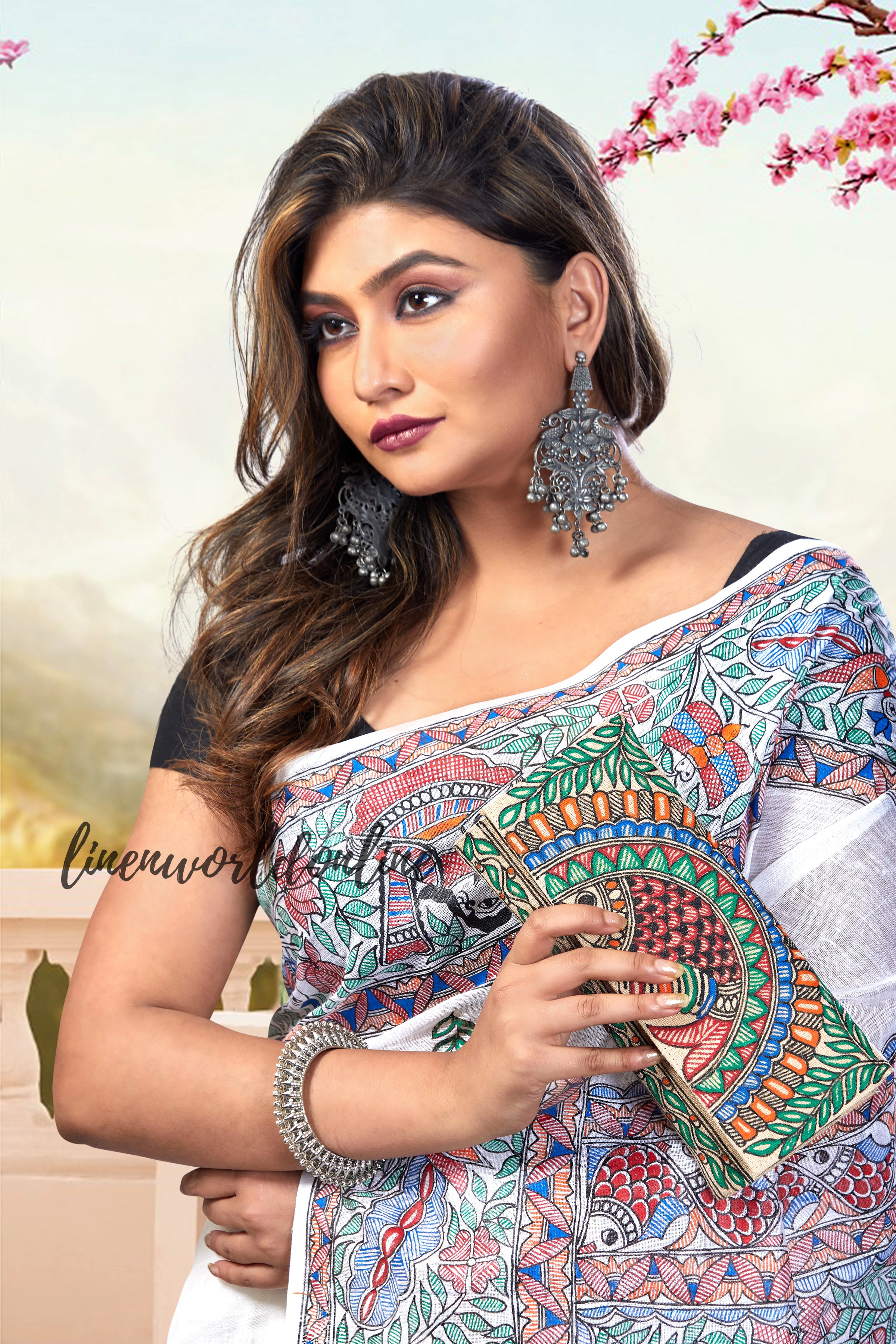 Madhubani Hand-Painted Pure Linen Saree