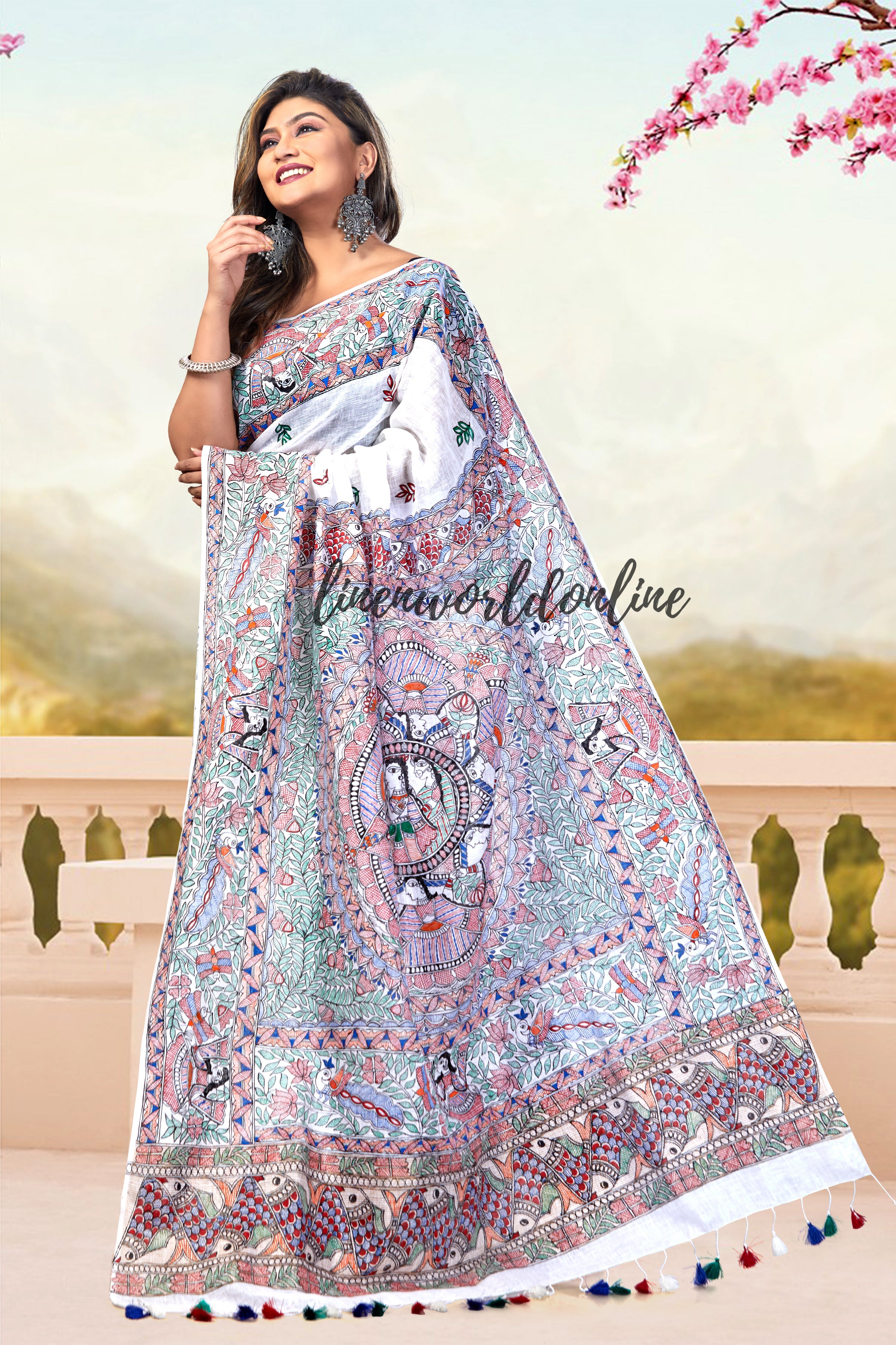 Madhubani Hand-Painted Pure Linen Saree