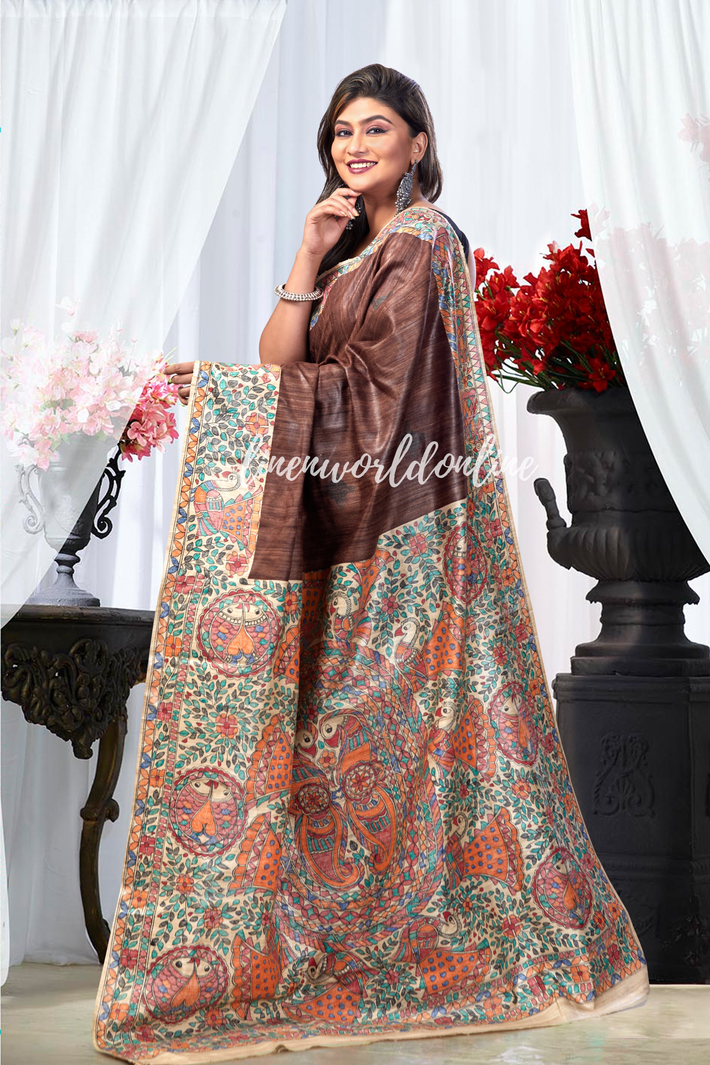 Madhubani Painted Ghicha Tussar Silk Saree