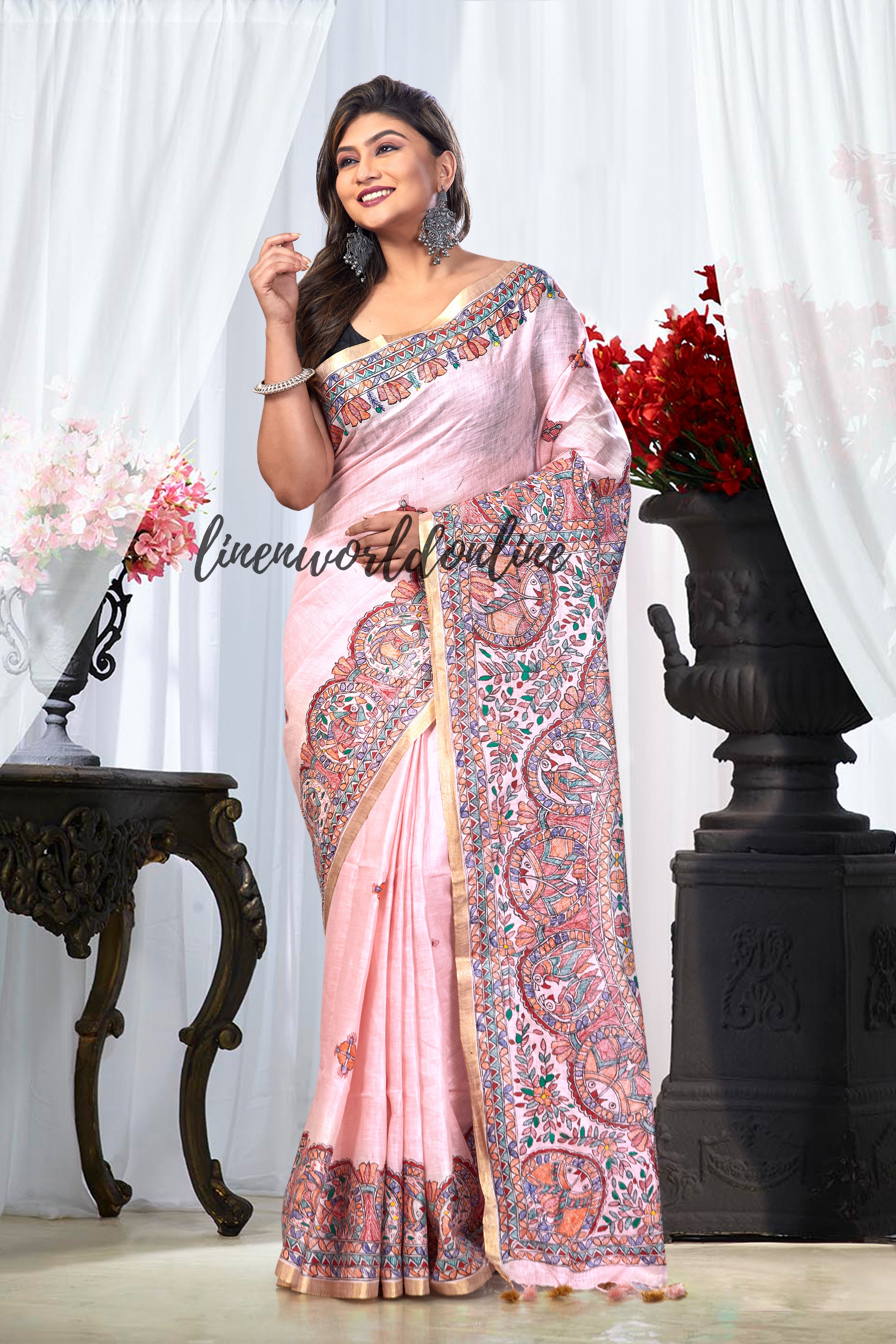 Madhubani Hand-Painted Pure Linen Saree