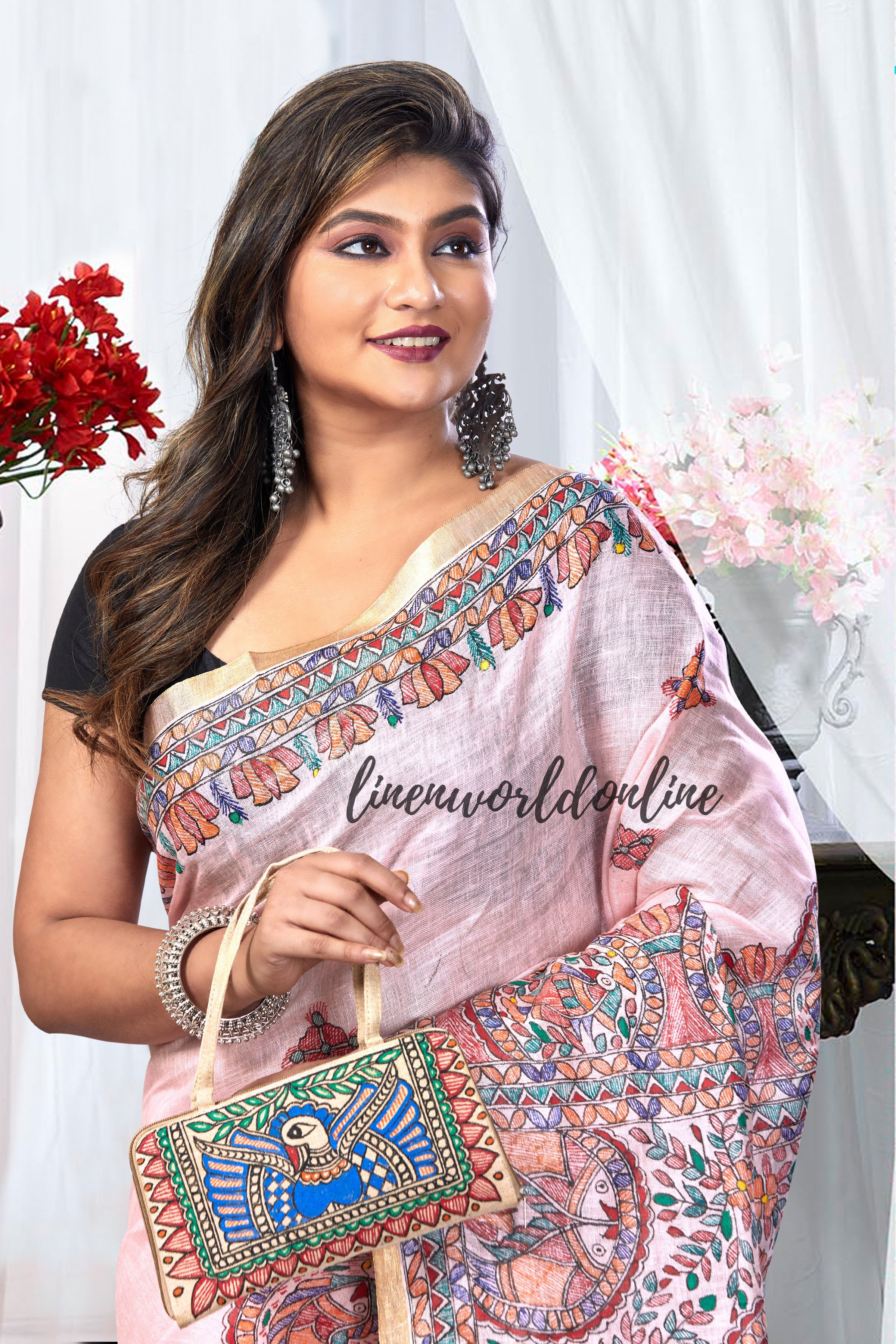 Madhubani Hand-Painted Pure Linen Saree