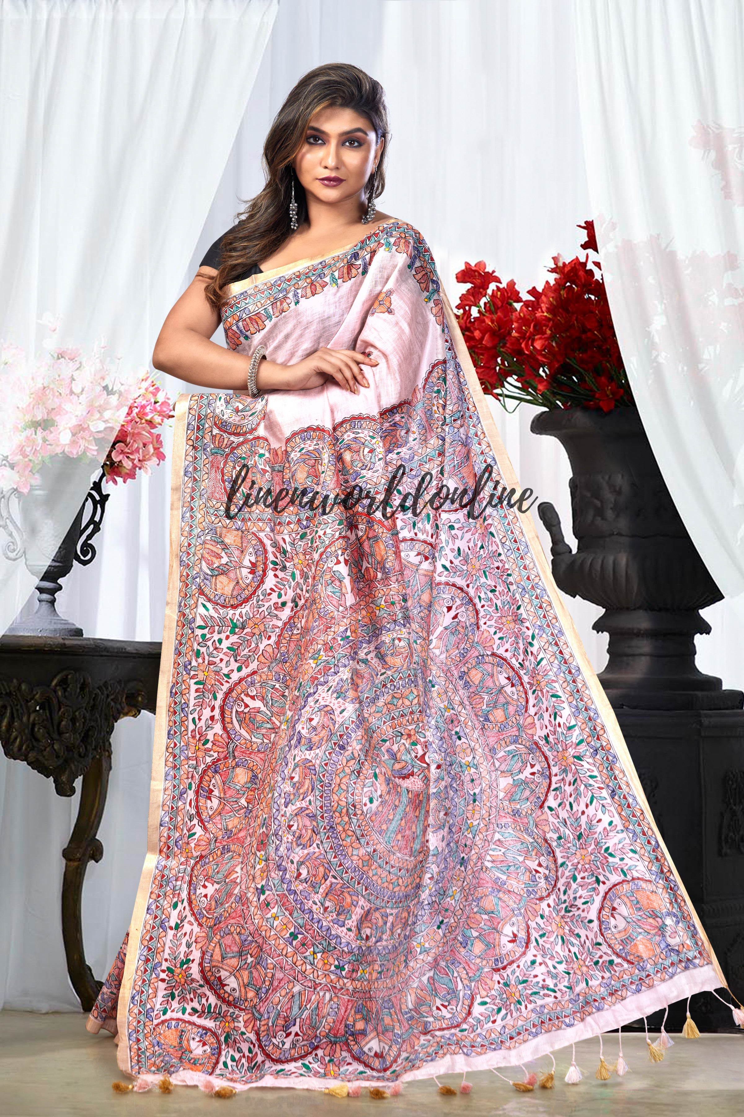 Madhubani Hand-Painted Pure Linen Saree